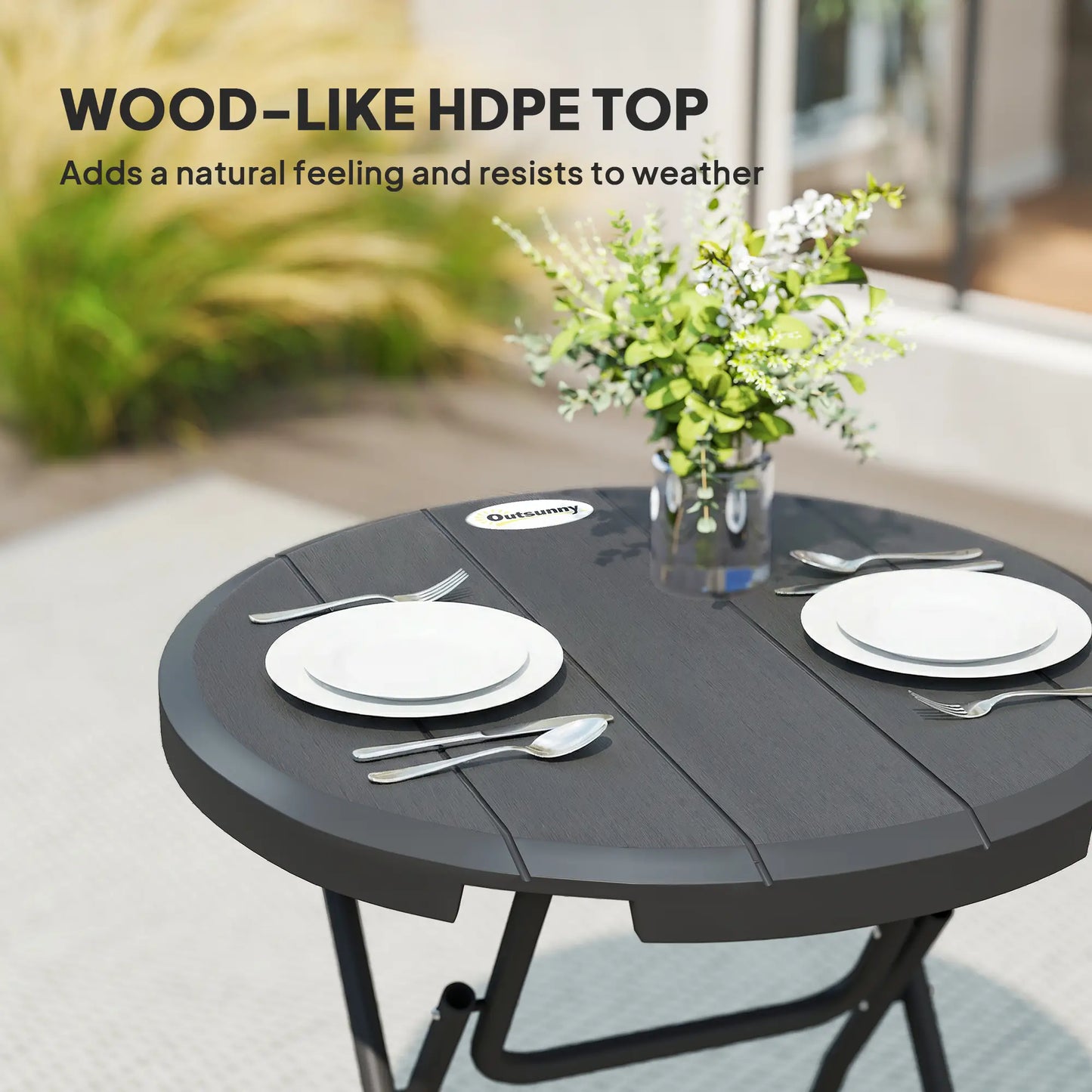 Foldable Round Outdoor Dining Table for 4, HDPE Tabletop, Steel Frame, Dark Grey Patio Dinning Tables at Gallery Canada