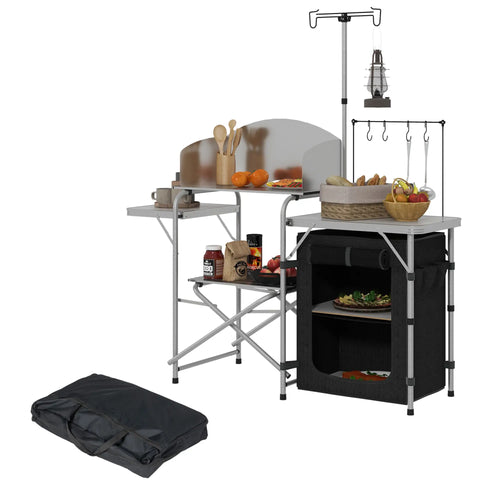 Camping Kitchen Table, Aluminum Folding with Storage, Silver