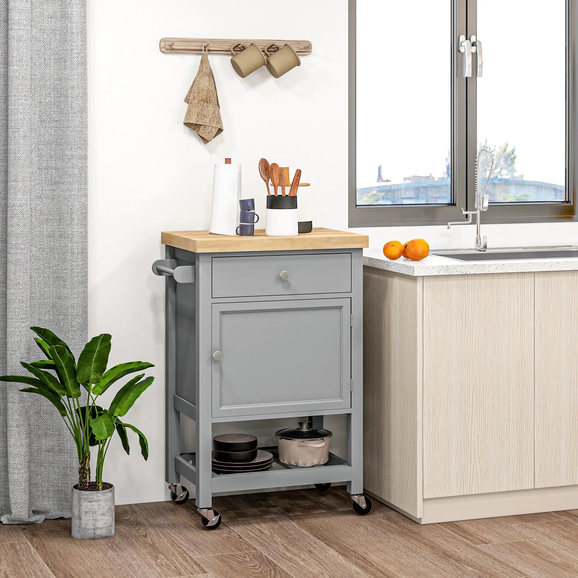 Kitchen Cart on Wheels, Wood Top, Towel Rack, Drawer, Shelf, Grey Kitchen Islands & Kitchen Carts at Gallery Canada