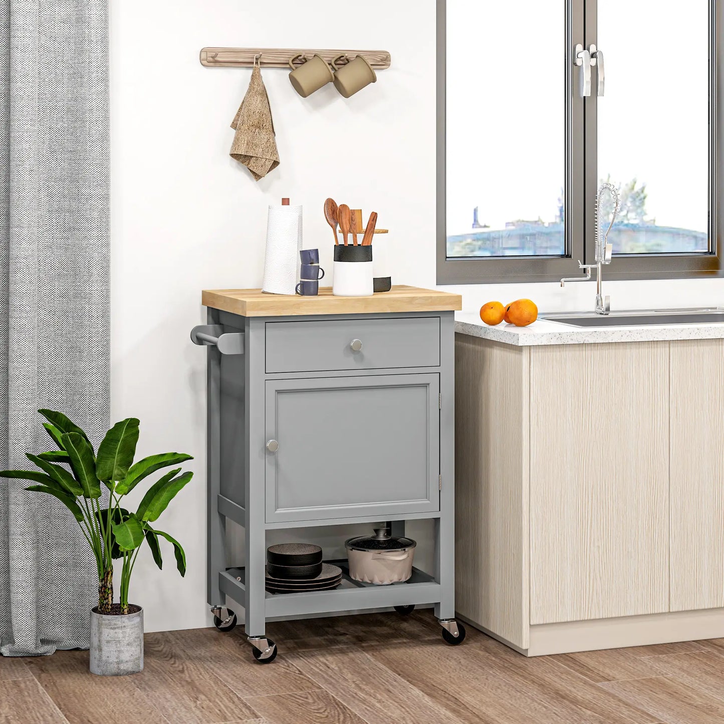 Kitchen Cart on Wheels, Wood Top, Towel Rack, Drawer, Shelf, Grey Kitchen Islands & Kitchen Carts at Gallery Canada