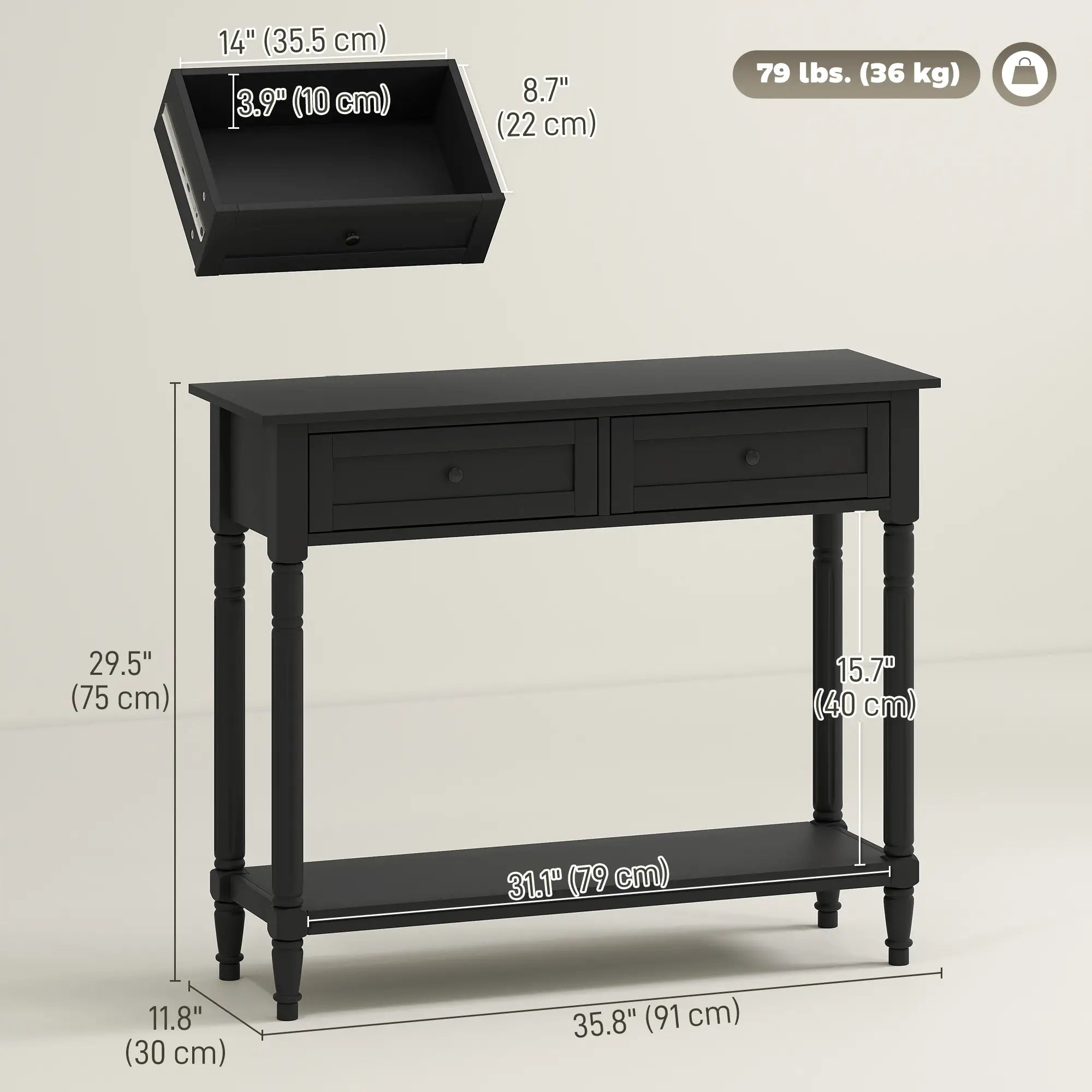 Modern Hallway Console Table, 2 Drawers, Storage Shelf, Turned Legs, Black Console Tables at Gallery Canada