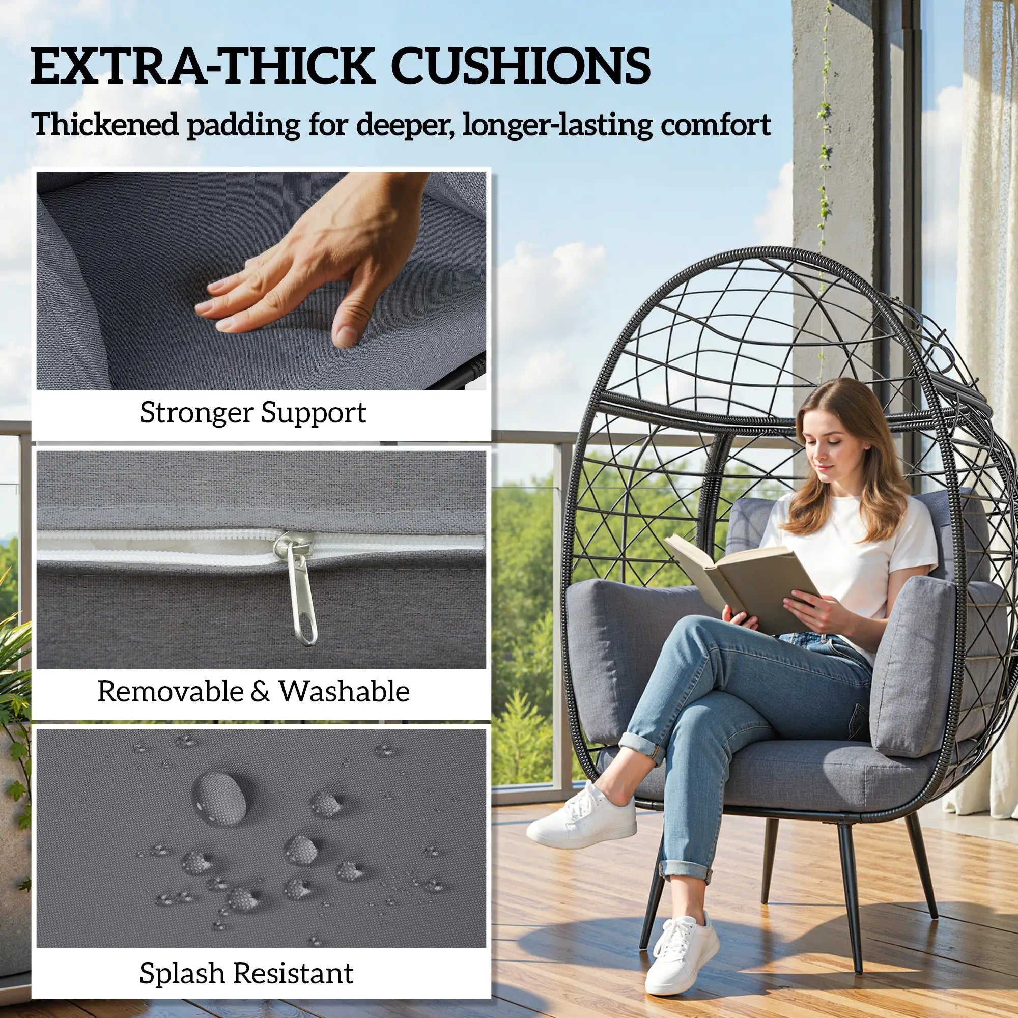 Rattan Egg Chair, Indoor Outdoor Lounger with Cushions, Cup Holder, Grey Patio Chairs at Gallery Canada
