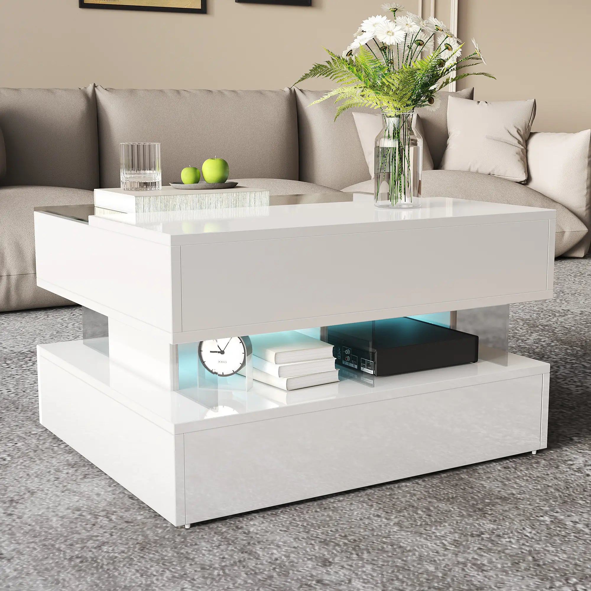 Glass Top LED Coffee Table, Storage Drawer, Adjustable Height, 26