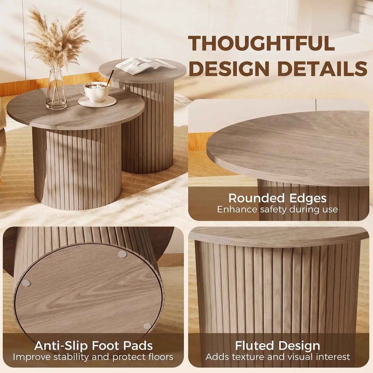 Round Nesting Coffee Table Set of 2, Fluted Mid Century Side Tables