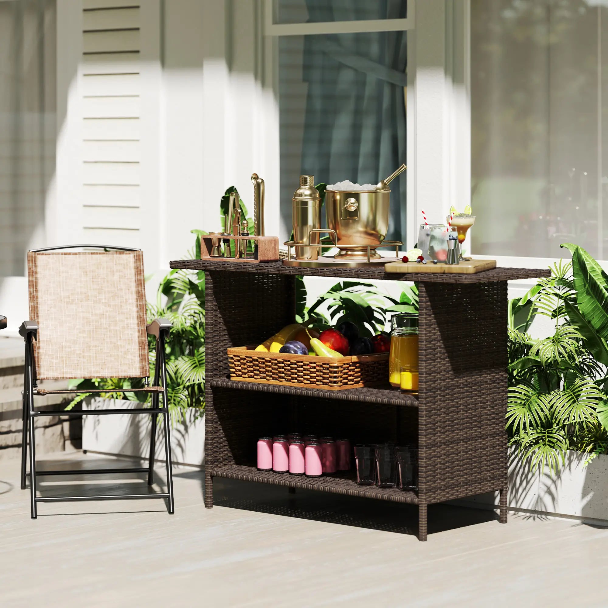 Wicker Outdoor Bar Table, PE Rattan, 2 Shelves, Steel Frame, Dark Brown Bistro Sets at Gallery Canada