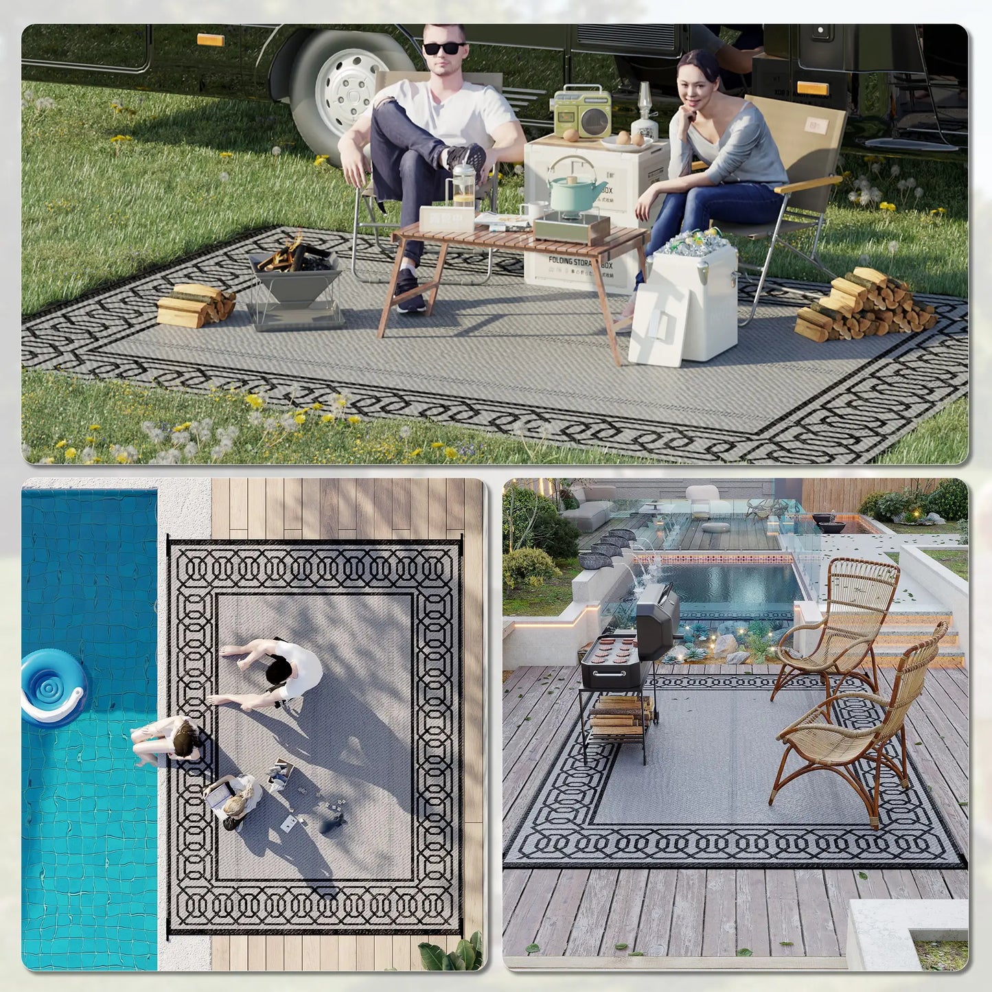 Portable Outdoor Rug, 9' x 12', Waterproof, Reversible, Black and Grey Outdoor Reversible Rugs at Gallery Canada