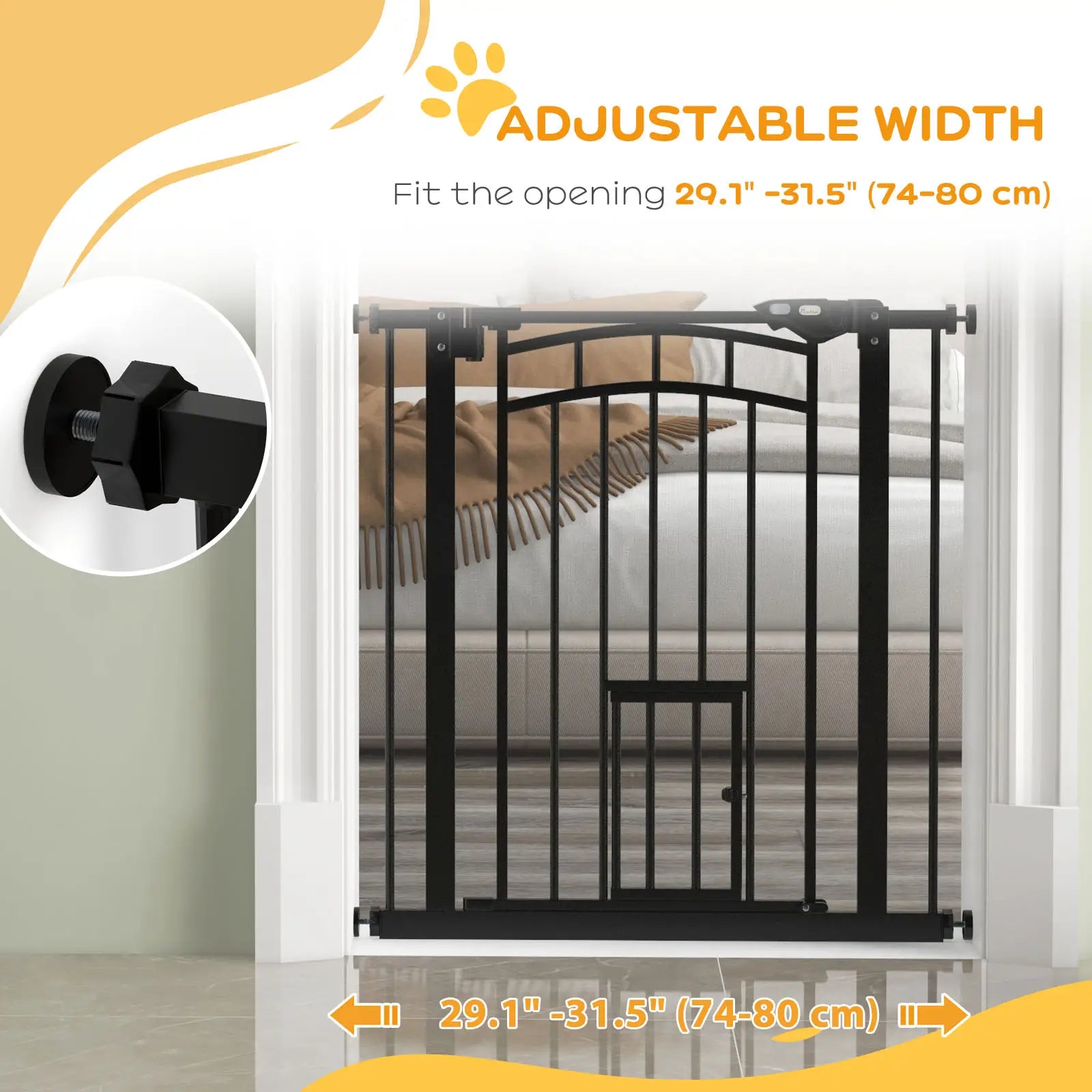 Auto-Close Pet Gate with Cat Door, Double Locking, Fits 29