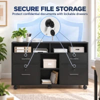Filing Cabinet Locking Drawers Open Shelves 5 Casters, Black