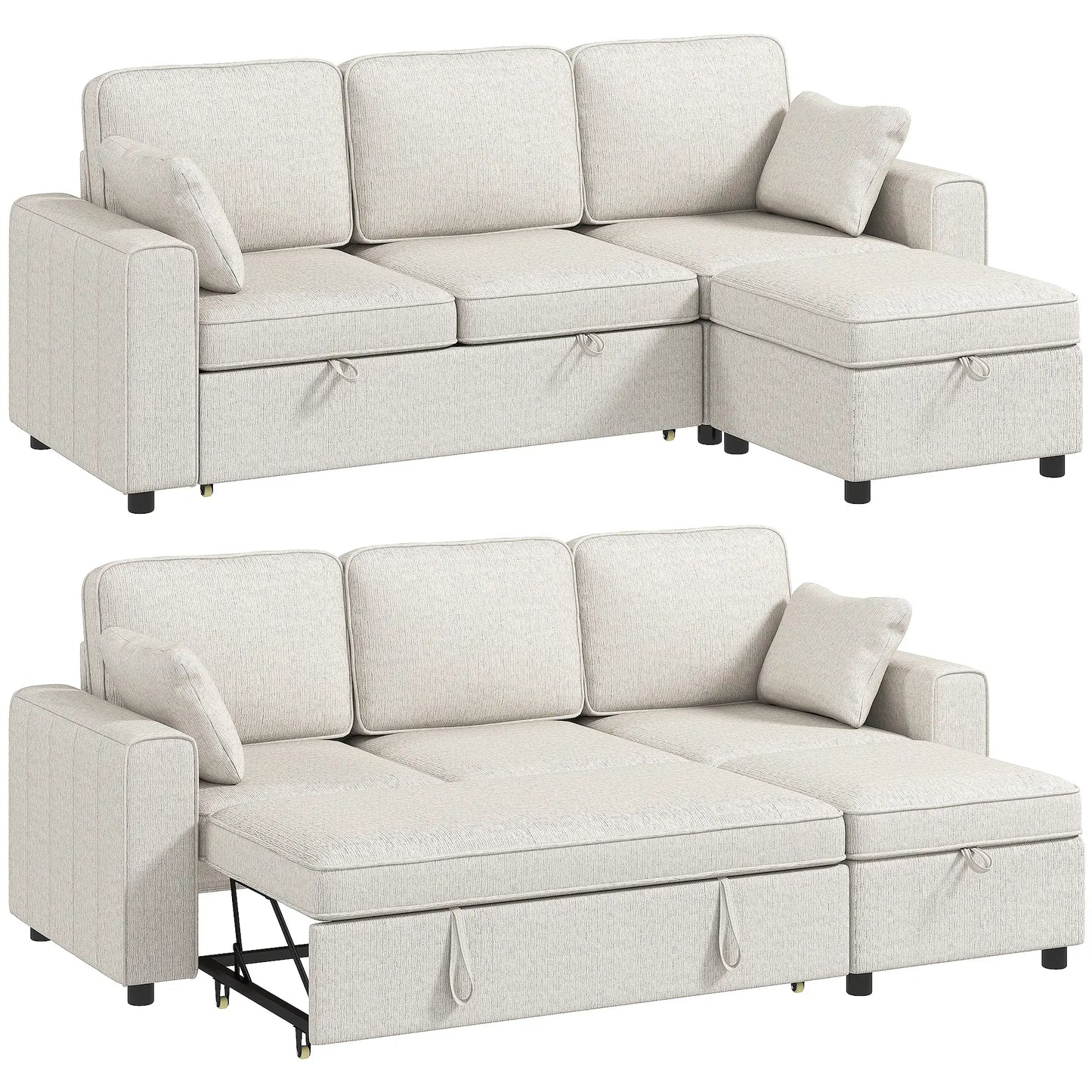 Modular Sectional Sofa Bed With Reversible Ottoman, Beige