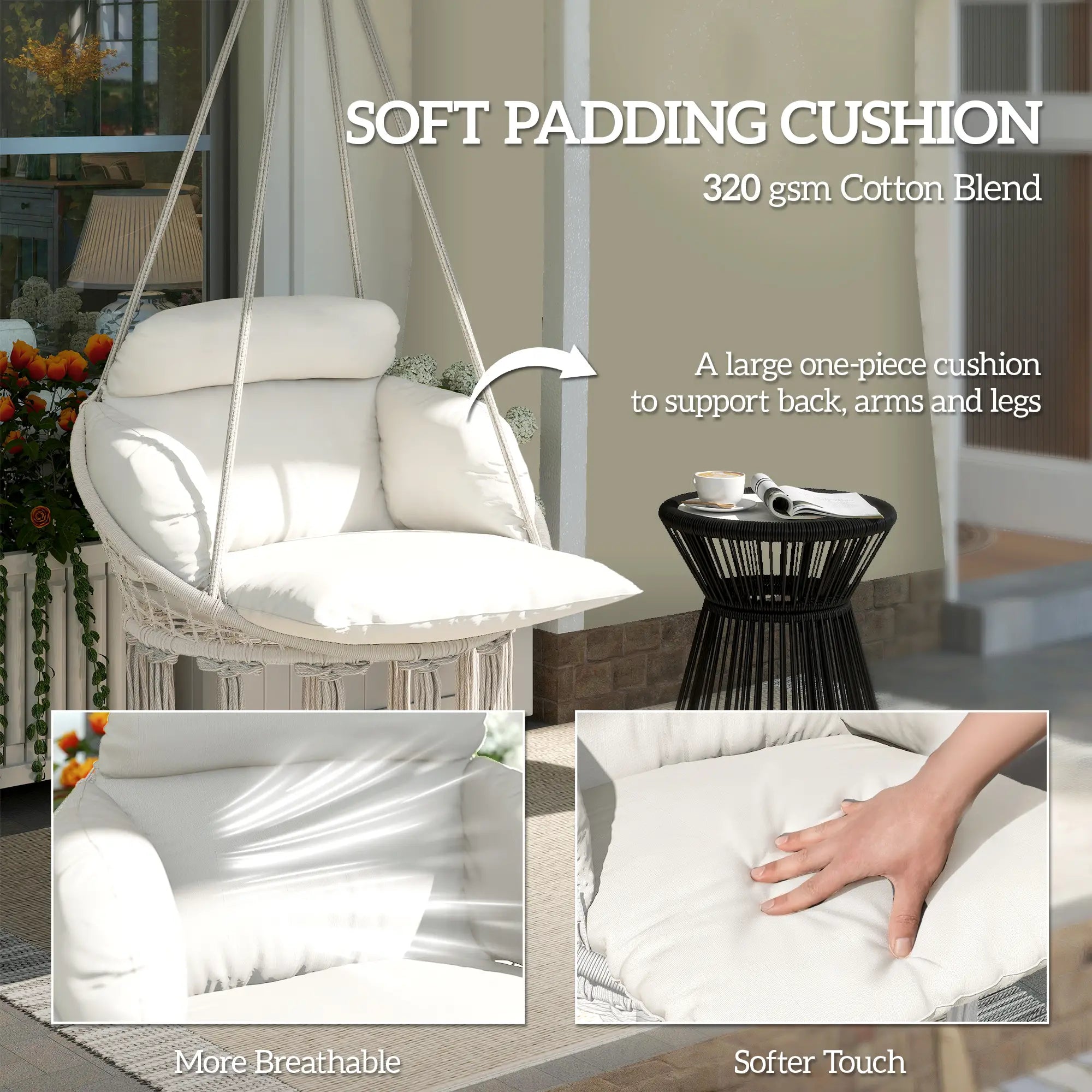 Boho Hammock Chair Swing with Cushion, Chain, Steel Frame, Cream Hammock Swings at Gallery Canada