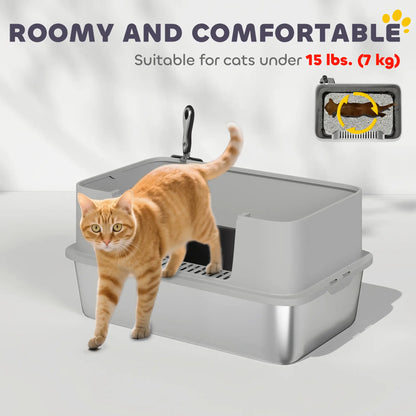 Stainless Steel Cat Litter Box, XL High Sided, 24" x 16" x 12", Grey Cat Litter Box Enclosures at Gallery Canada