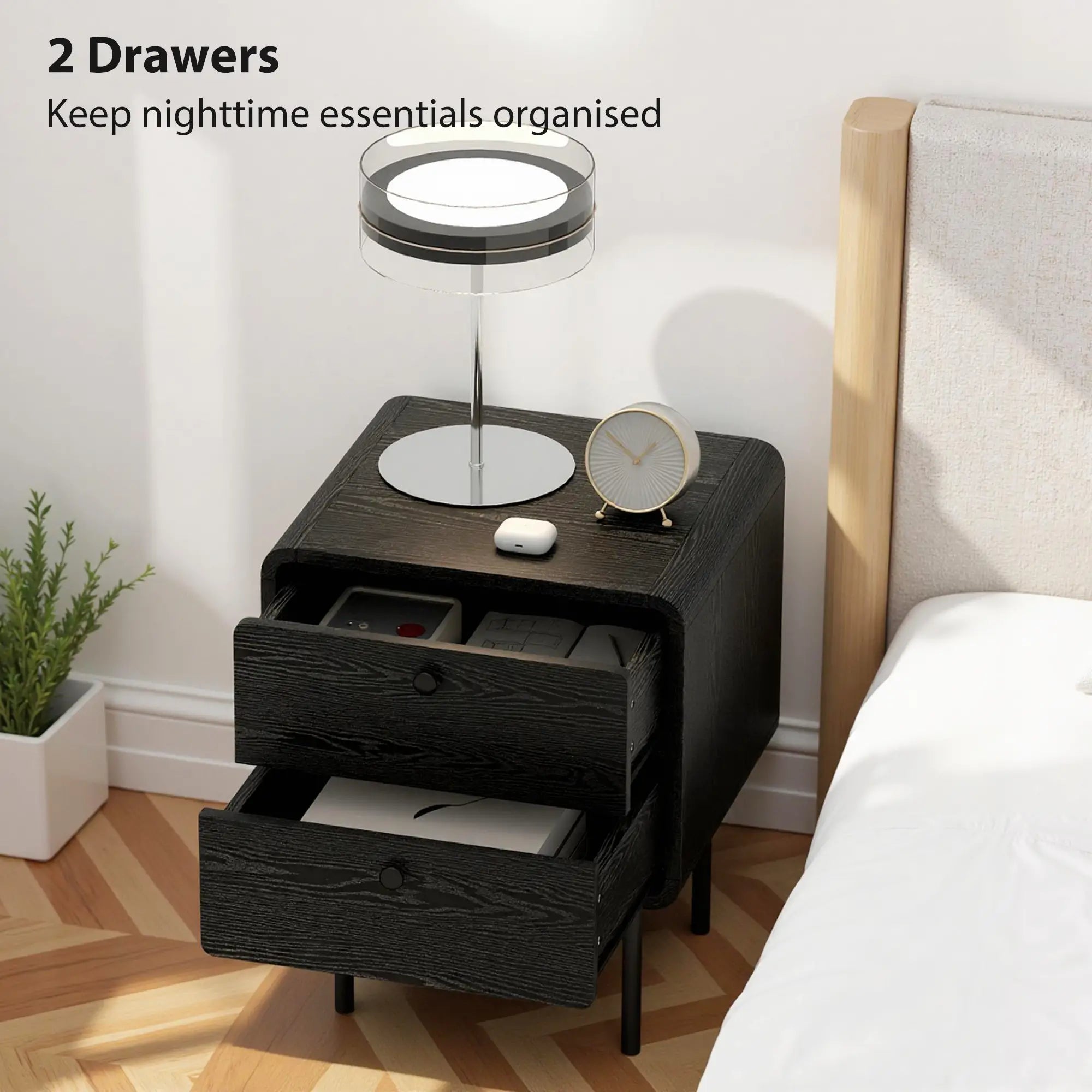 Modern Bedside Tables Set of 2, 2 Drawers, Steel Legs, Black Wood Grain, Black Bedside Tables at Gallery Canada