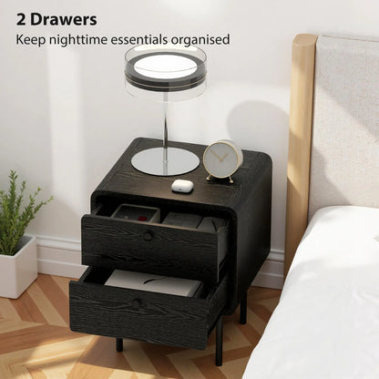 Modern Bedside Tables Set of 2, 2 Drawers, Steel Legs, Black Wood Grain, Black Bedside Tables at Gallery Canada