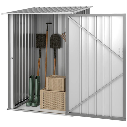 3.3' x 3.4' Lean-To Garden Shed, Galvanized Steel Tool House, Lockable Door, Grey