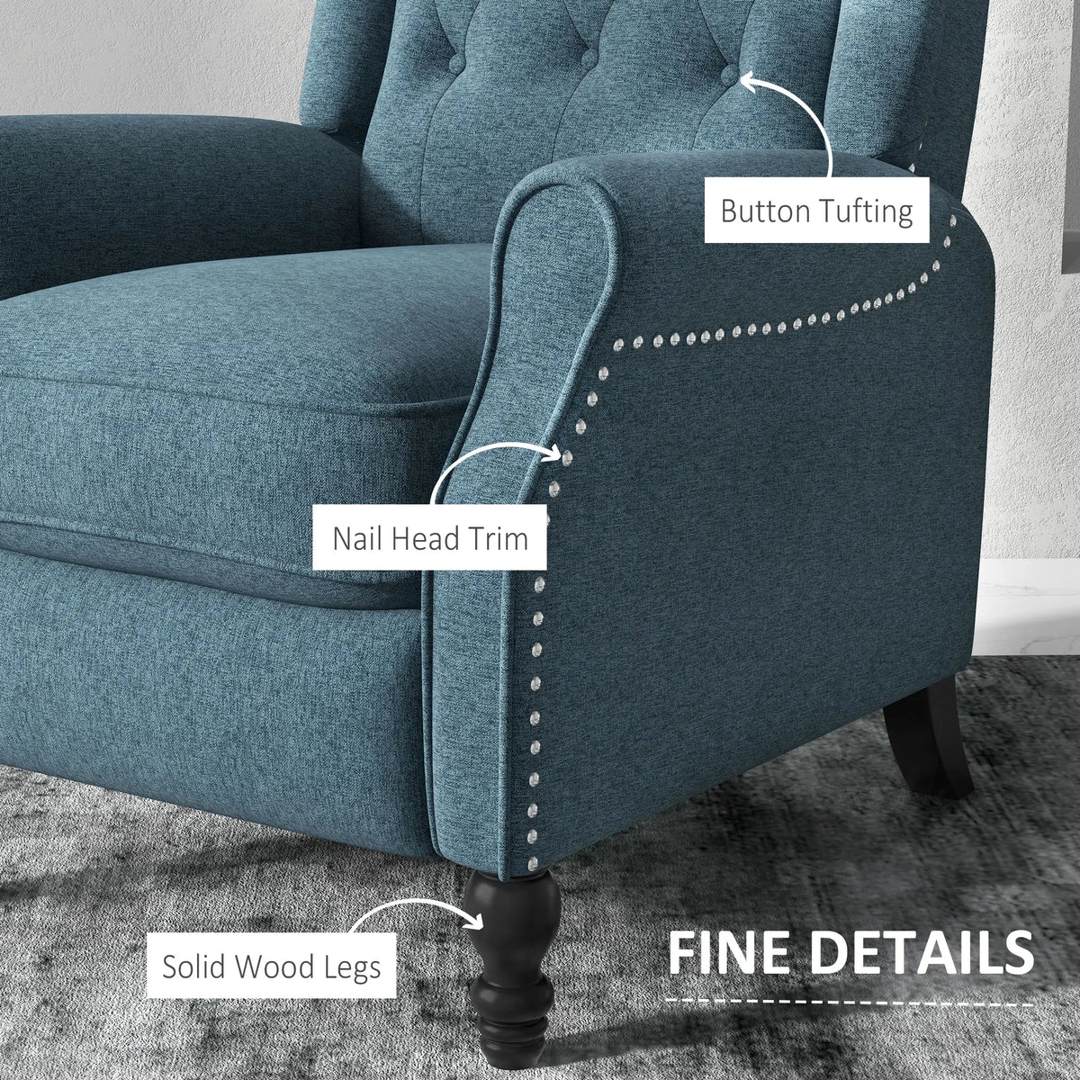 Wingback Reclining Chair with Footrest, Button Tufted, Blue
