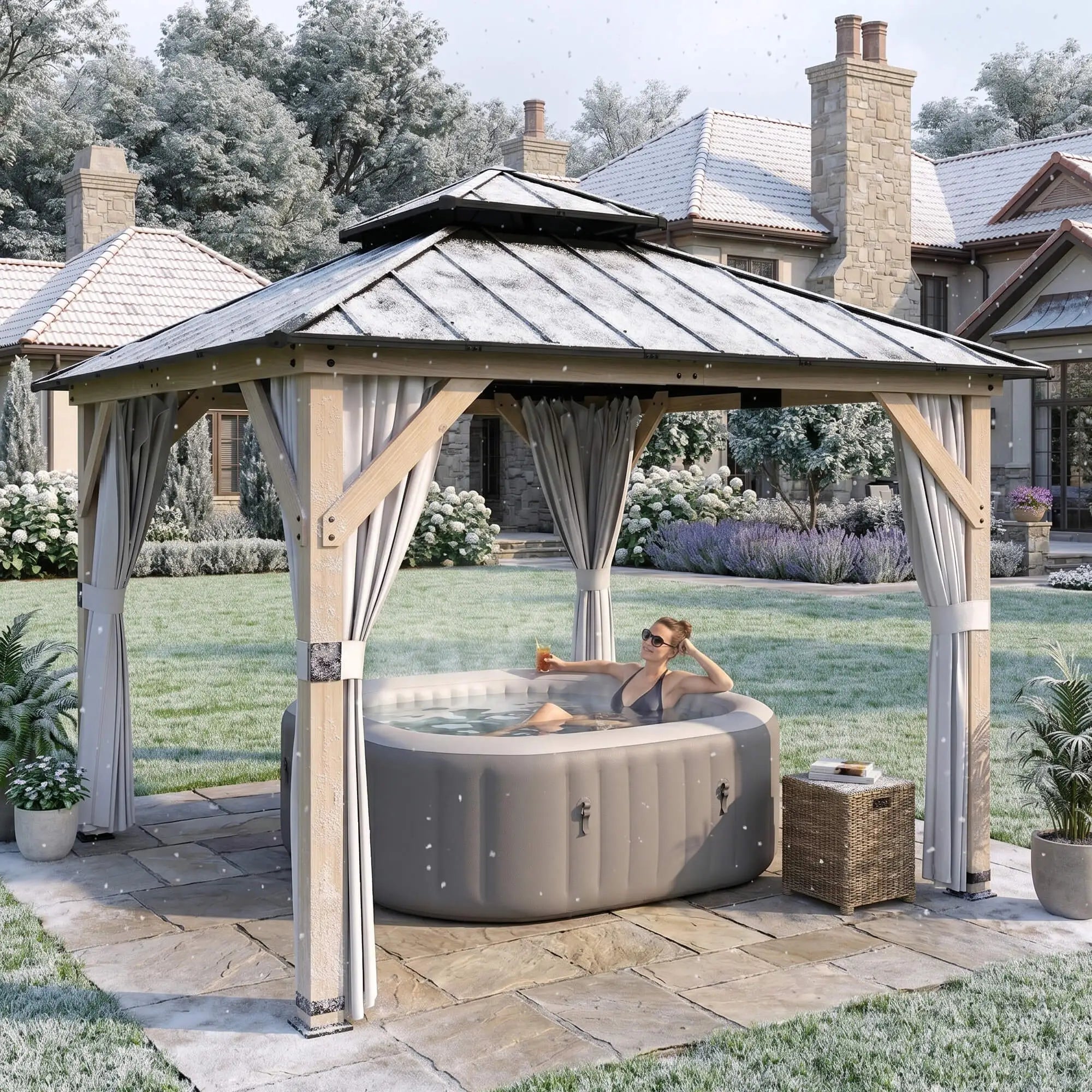 10' x 10' Hardtop Gazebo, Steel Roof, Wood Patio, Light Grey Gazebos at Gallery Canada