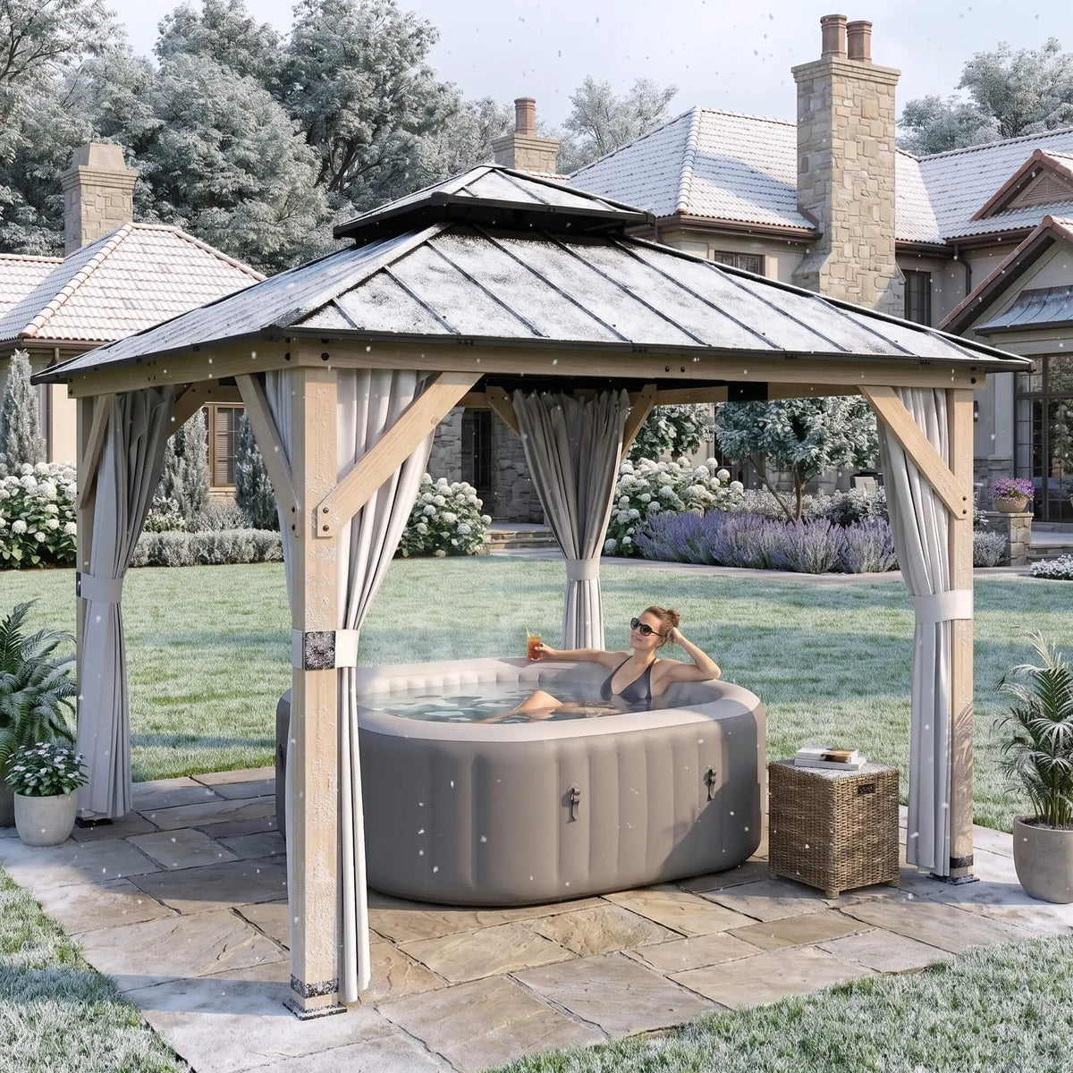 10' x 10' Hardtop Gazebo, Steel Roof, Wood Patio, Light Grey Gazebos at Gallery Canada