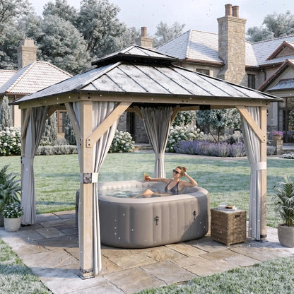 10' x 10' Hardtop Gazebo, Steel Roof, Wood Patio, Light Grey Gazebos at Gallery Canada