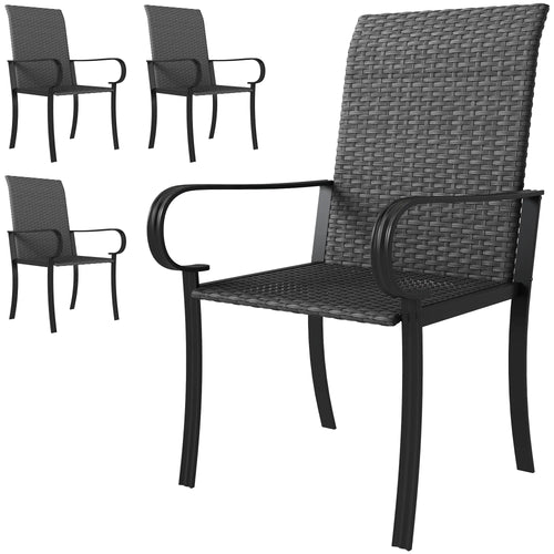 4 Piece PE Rattan Dining Chairs, Steel Frame, Black