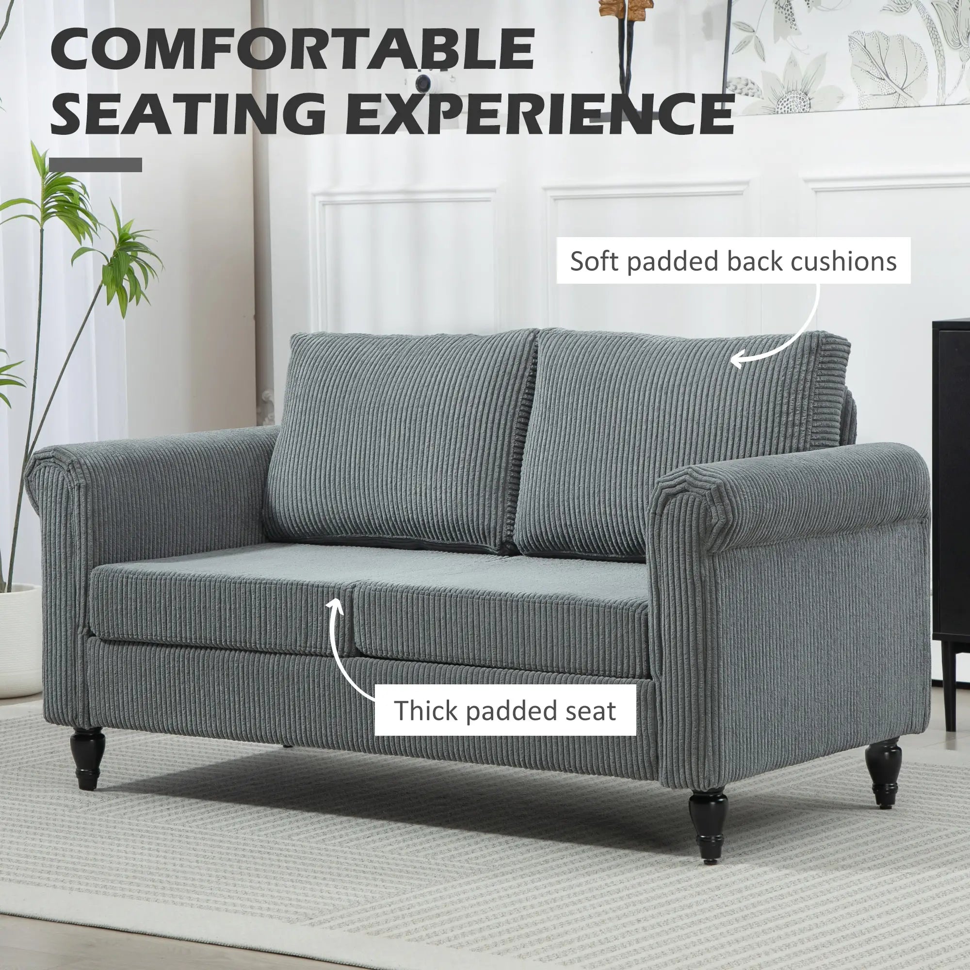 Vintage Loveseat, Fabric 2 Seater Sofa, Rolled Arms, Rubber Wood Legs, Grey 2-Seater Sofas at Gallery Canada