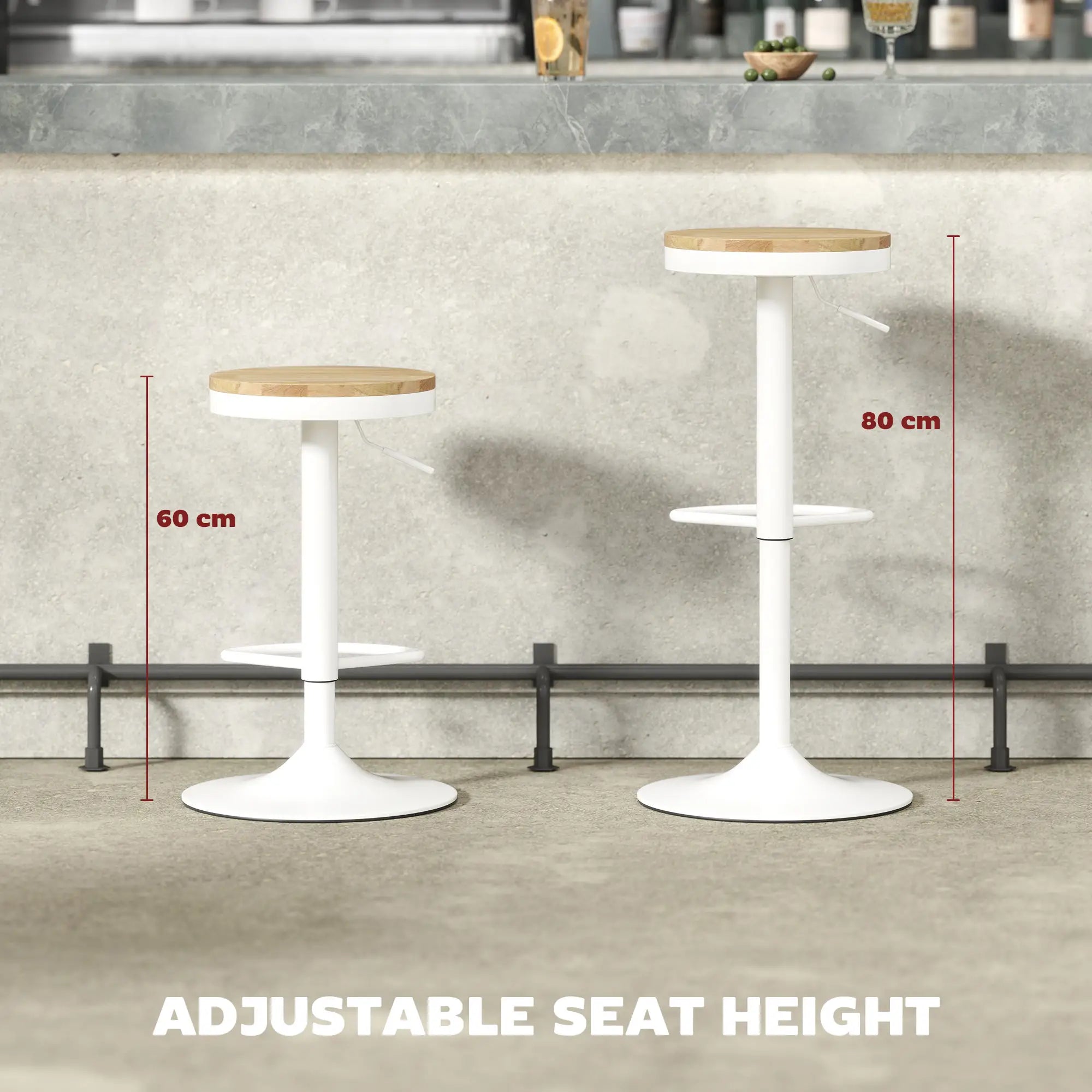 Swivel Bar Stools Set of 2, Adjustable Height, Natural Wood, White Bar Stools at Gallery Canada