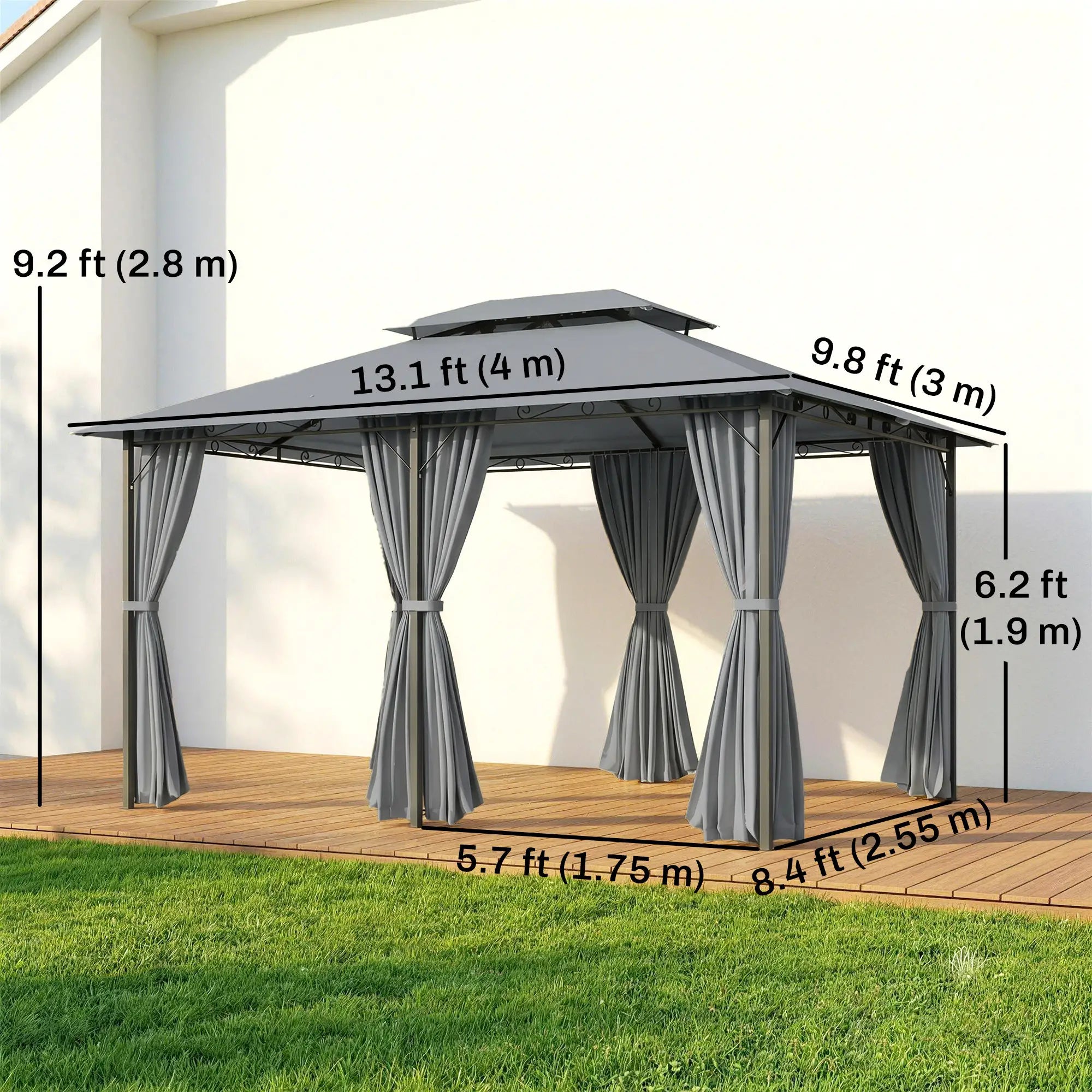13L x 10W x 8.7H Patio Gazebo, 2-Tier Canopy with Curtains, Grey Gazebos at Gallery Canada