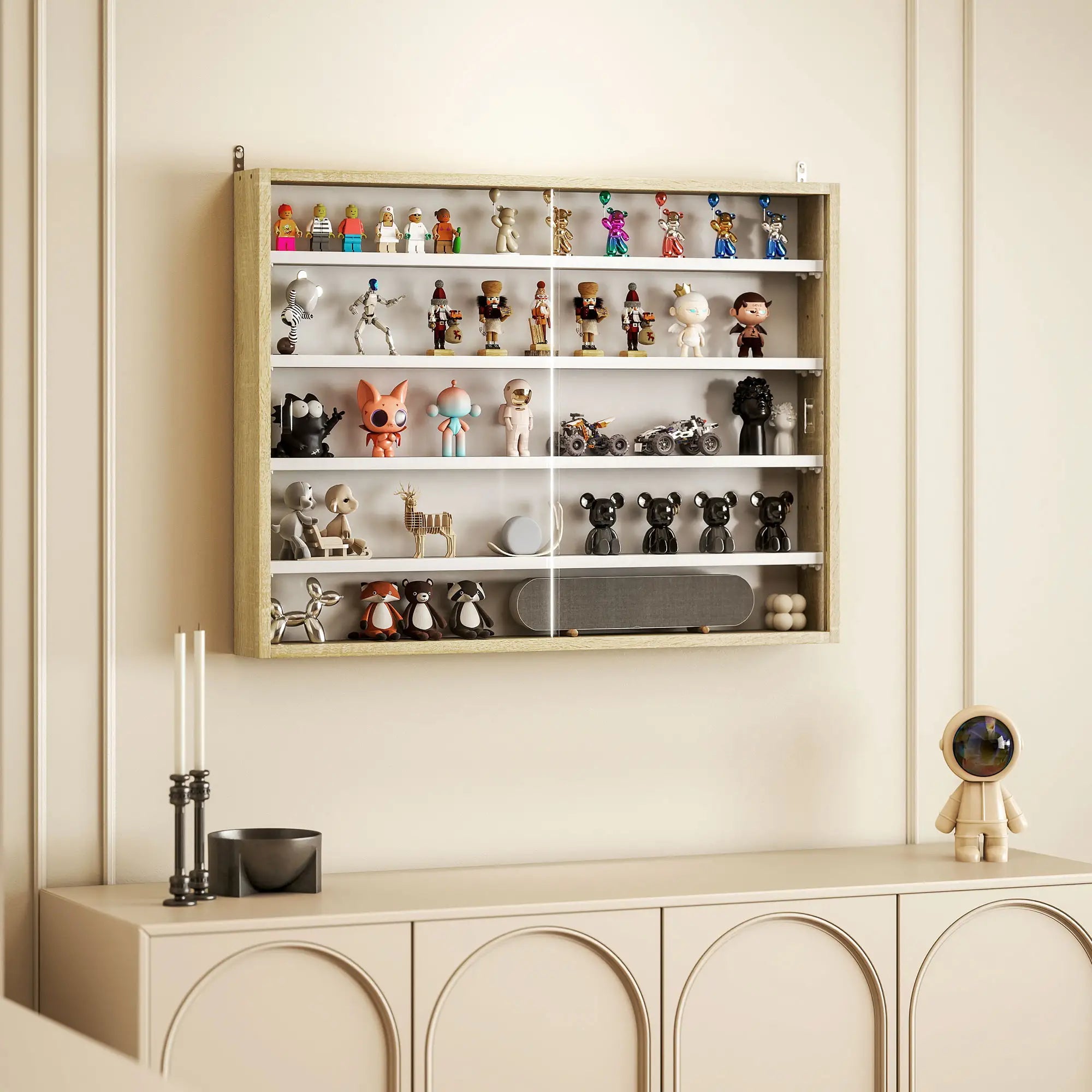5-Tier Glass Display Cabinet, 2 Doors, 4 Adjustable Shelves, Oak Display Bookshelves at Gallery Canada