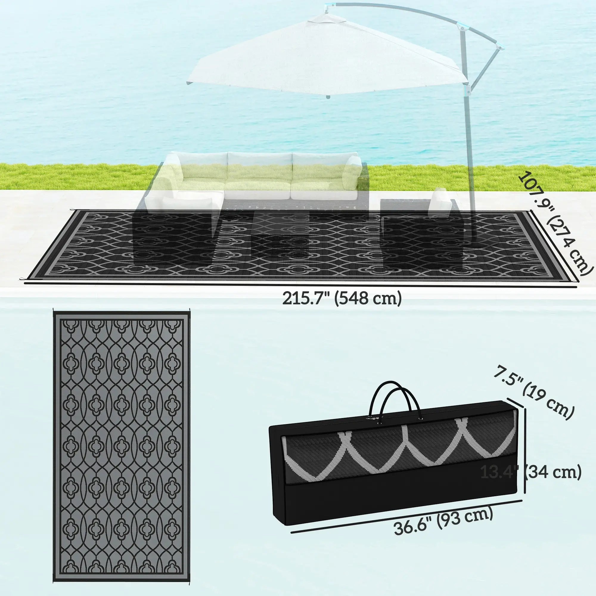 9' x 18' Outdoor RV Rug, Reversible Patio Floor Mat, Black and Grey Garden Decor at Gallery Canada