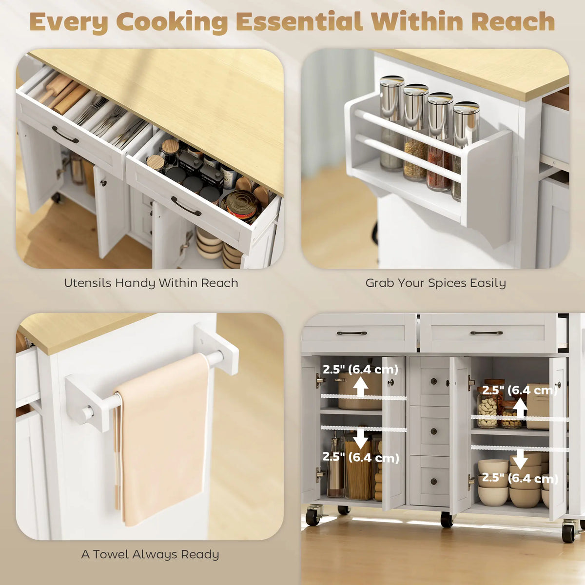 Kitchen Island Cart with Power Outlet, Drop Leaf, 55 Inch, White Kitchen Islands & Kitchen Carts at Gallery Canada