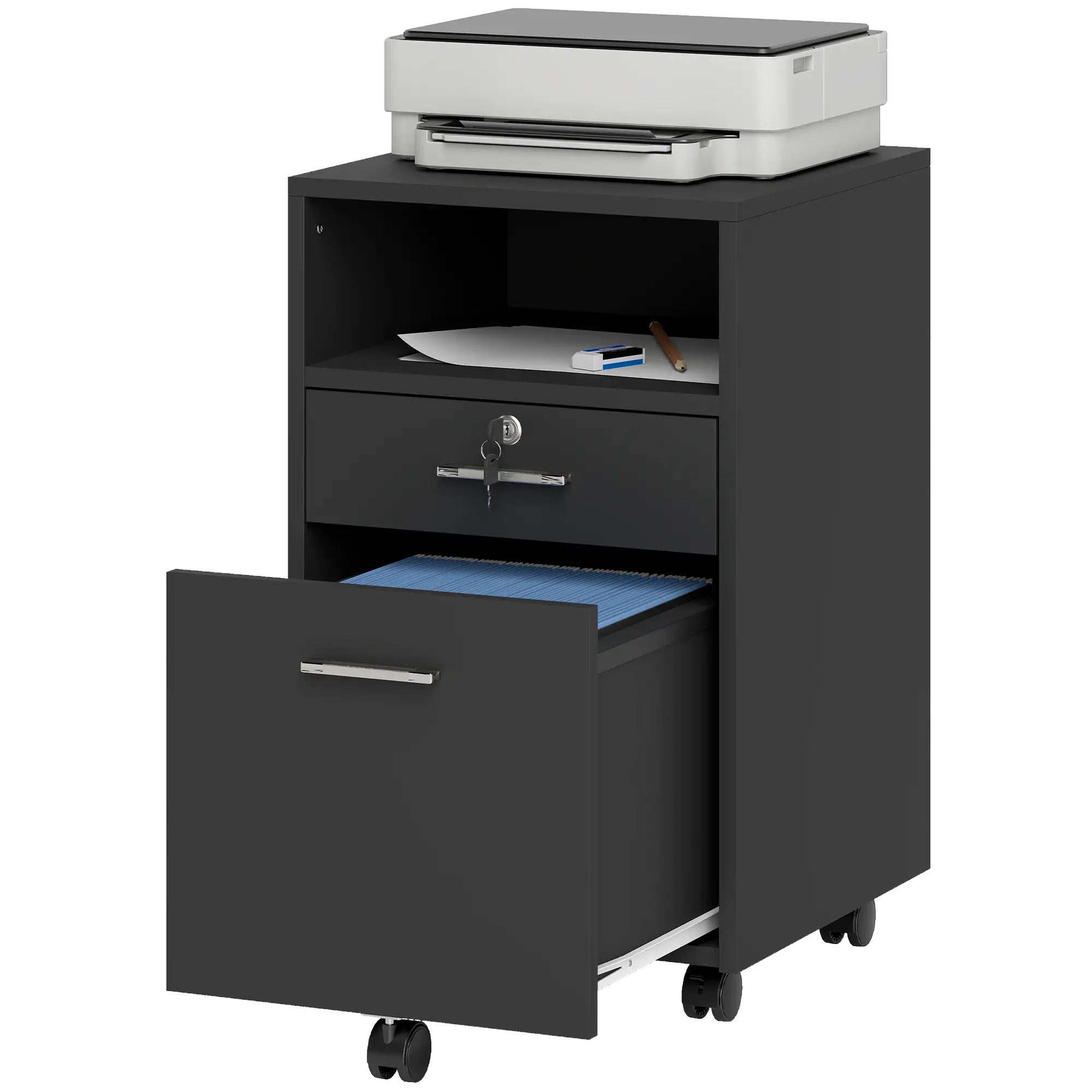 Small 2-Drawer Filing Cabinet, Lockable, on Wheels, A4 Letter Size, Black Office Cabinets & Cupboards at Gallery Canada