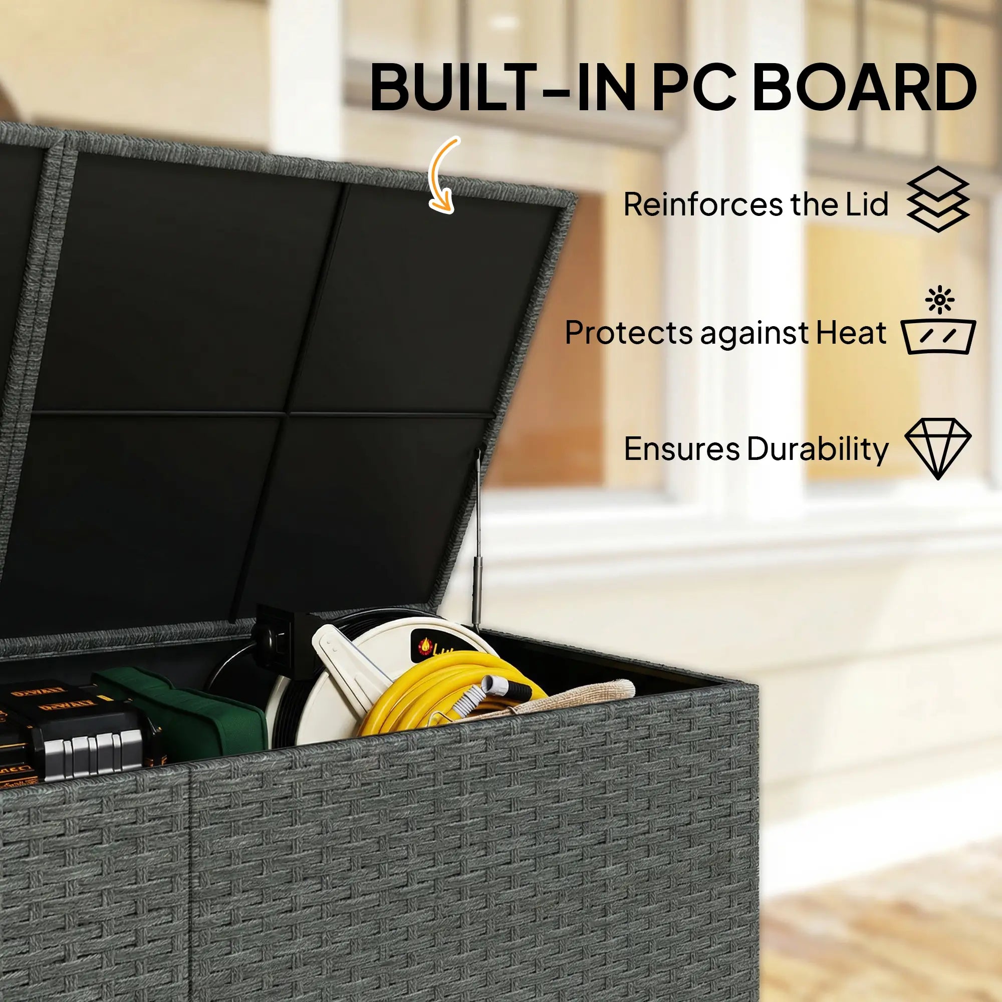 162 Gallon Rattan Deck Box With Wheels, Waterproof Zippered Liner, Pneumatic Rod Patio Storage Boxes at Gallery Canada