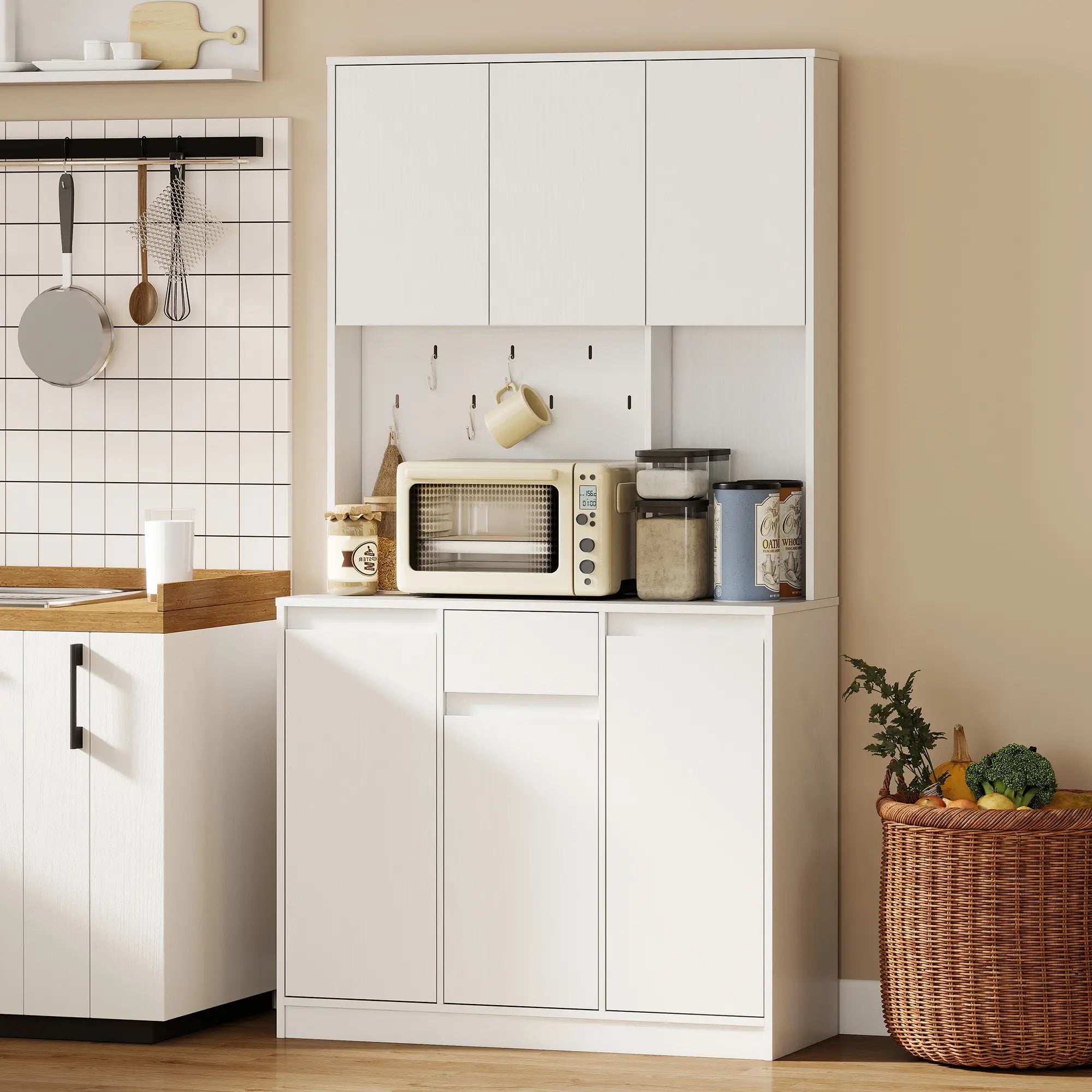 71 Inch Pantry Cabinet with Charging Station, Microwave Stand, Pegboard, White Kitchen Pantry Cabinets at Gallery Canada