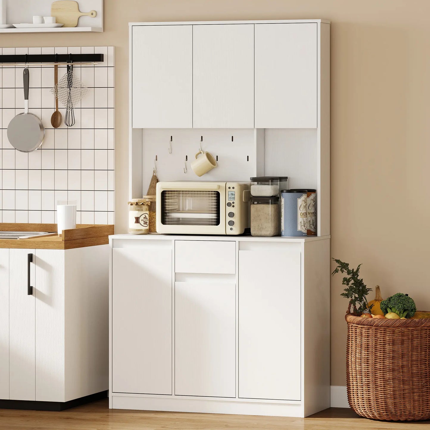71 Inch Pantry Cabinet with Charging Station, Microwave Stand, Pegboard, White Kitchen Pantry Cabinets at Gallery Canada