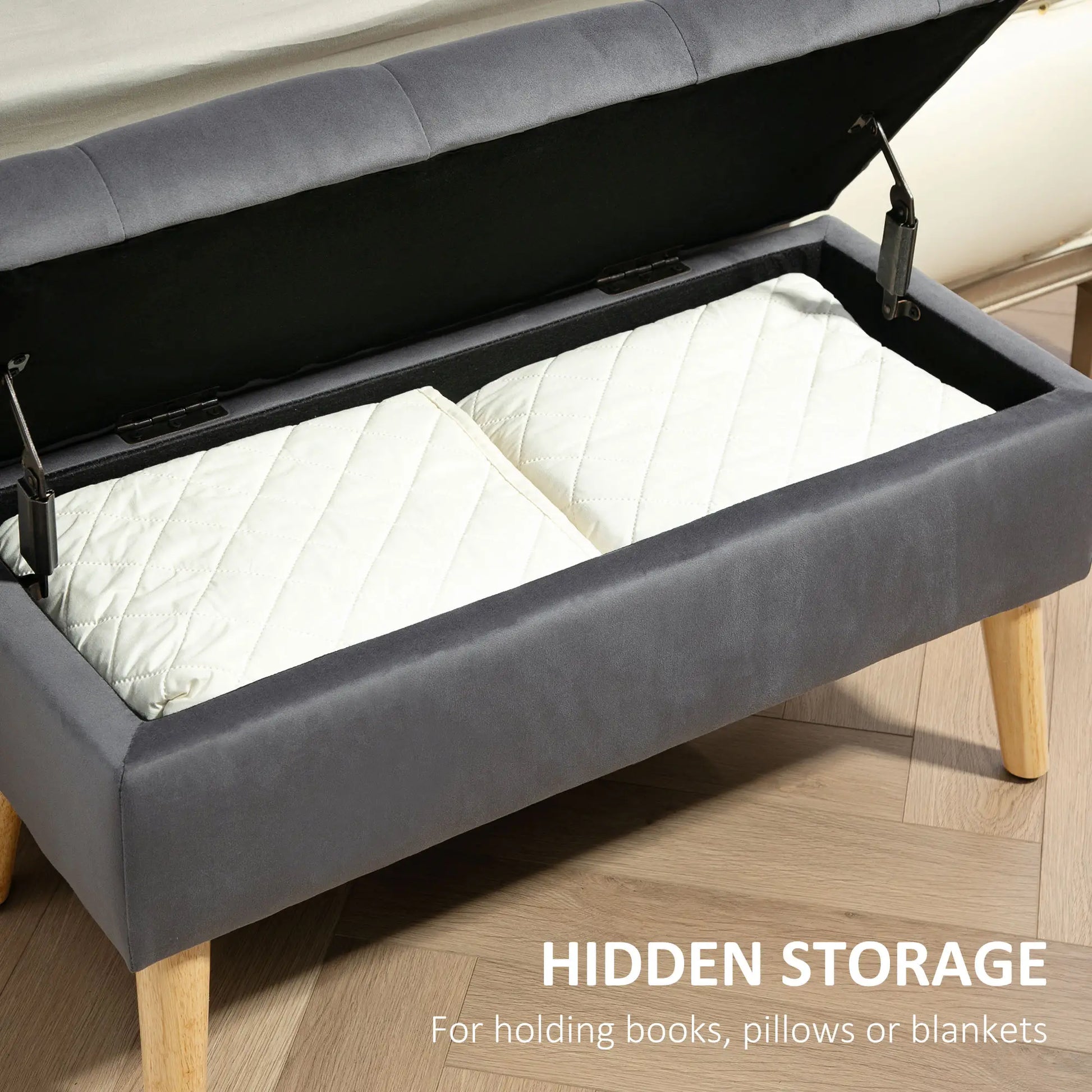 Velvet Storage Ottoman with Lid, Wood Legs, Charcoal Grey Storage Ottomans & Benches at Gallery Canada