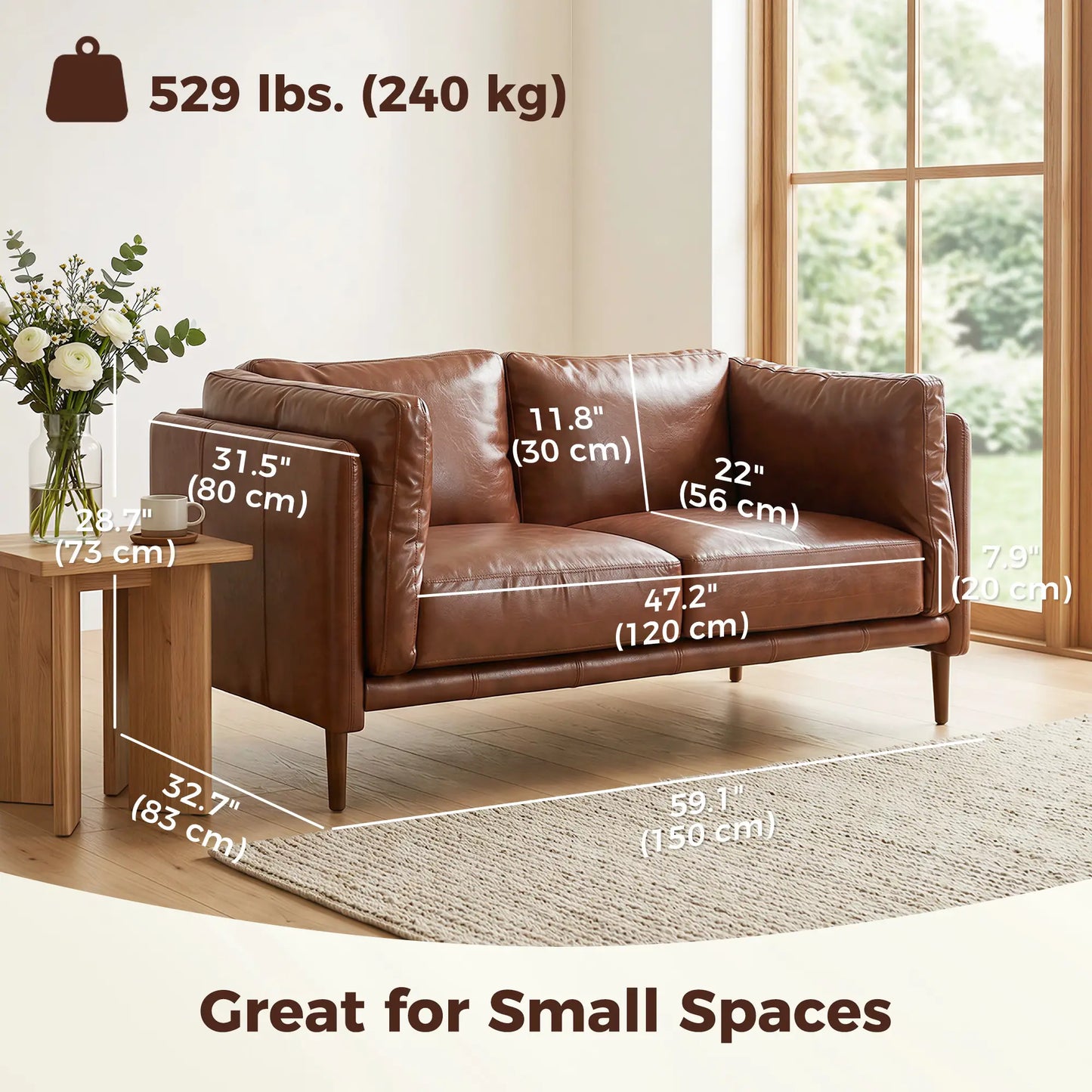 59" Loveseat Sofa, PU Leather 2 Seater with Wide Seat, Brown 2-Seater Sofas at Gallery Canada