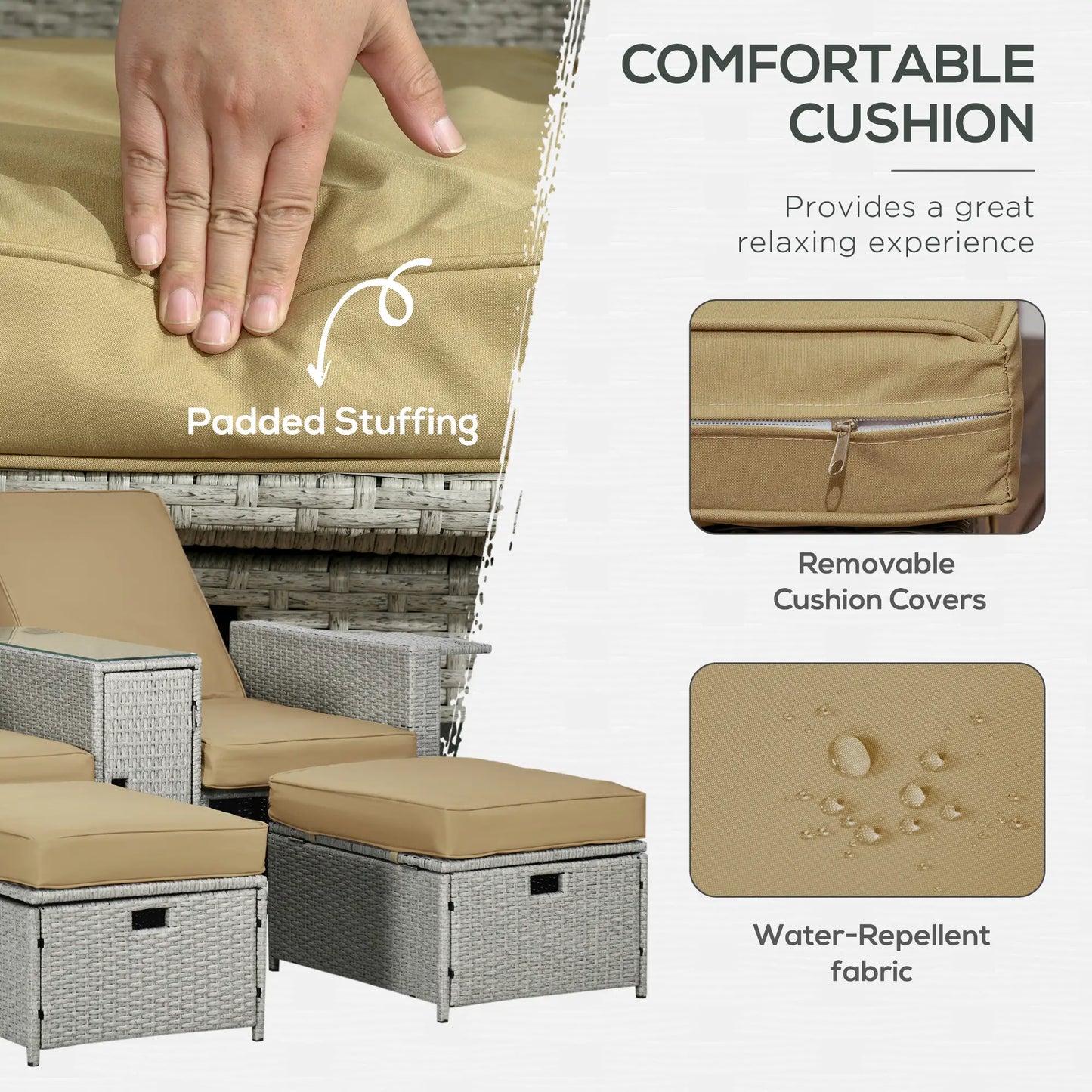 5PC Wicker Patio Lounger, Adjustable Recliner Sofa Bed, Storage Side Table, Footstools, Khaki Chaise Loungers at Gallery Canada