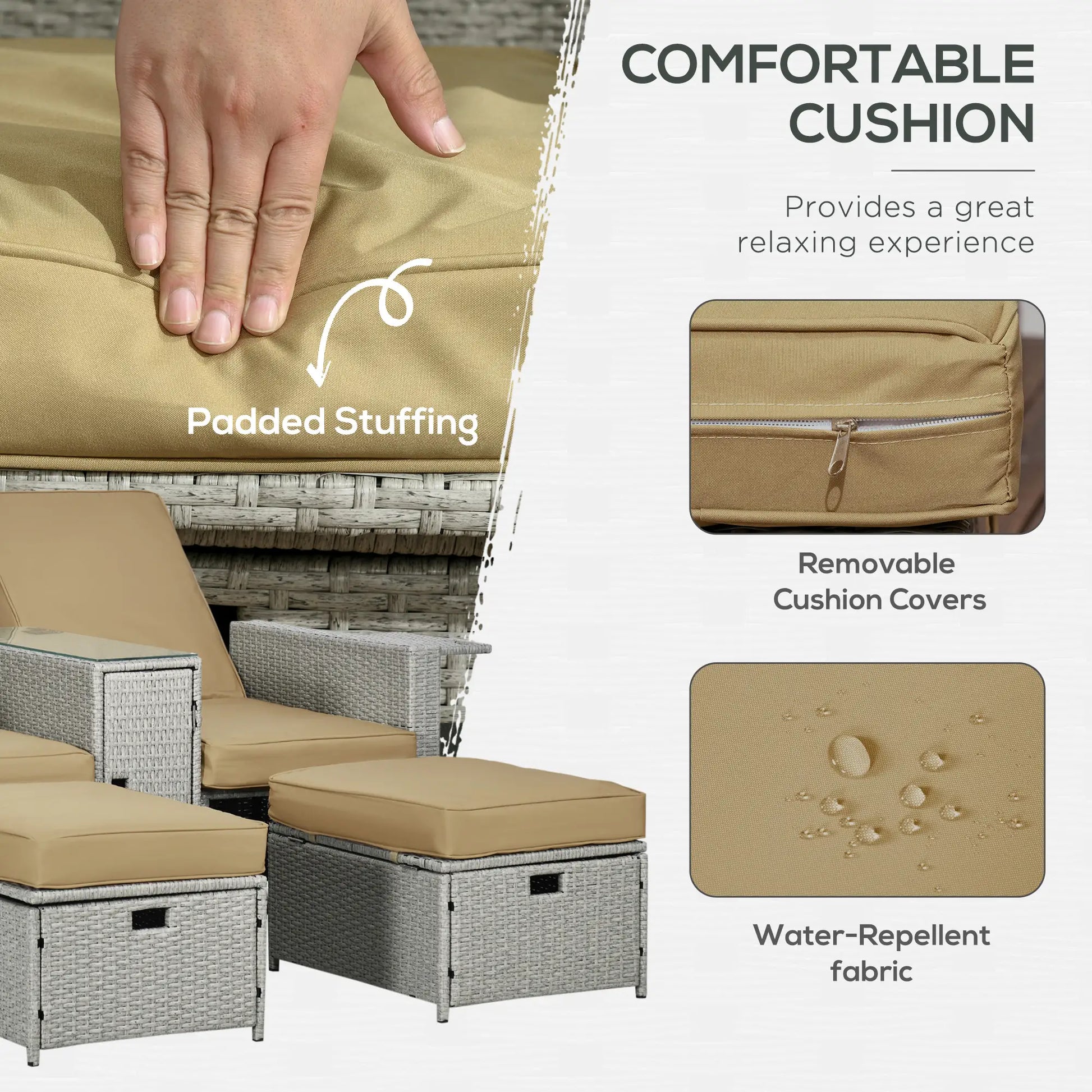 5PC Wicker Patio Lounger, Adjustable Recliner Sofa Bed, Storage Side Table, Footstools, Khaki Chaise Loungers at Gallery Canada