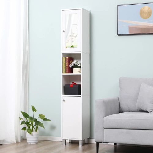 Tall Bathroom Storage Cabinet with Mirror, Adjustable Shelves, White