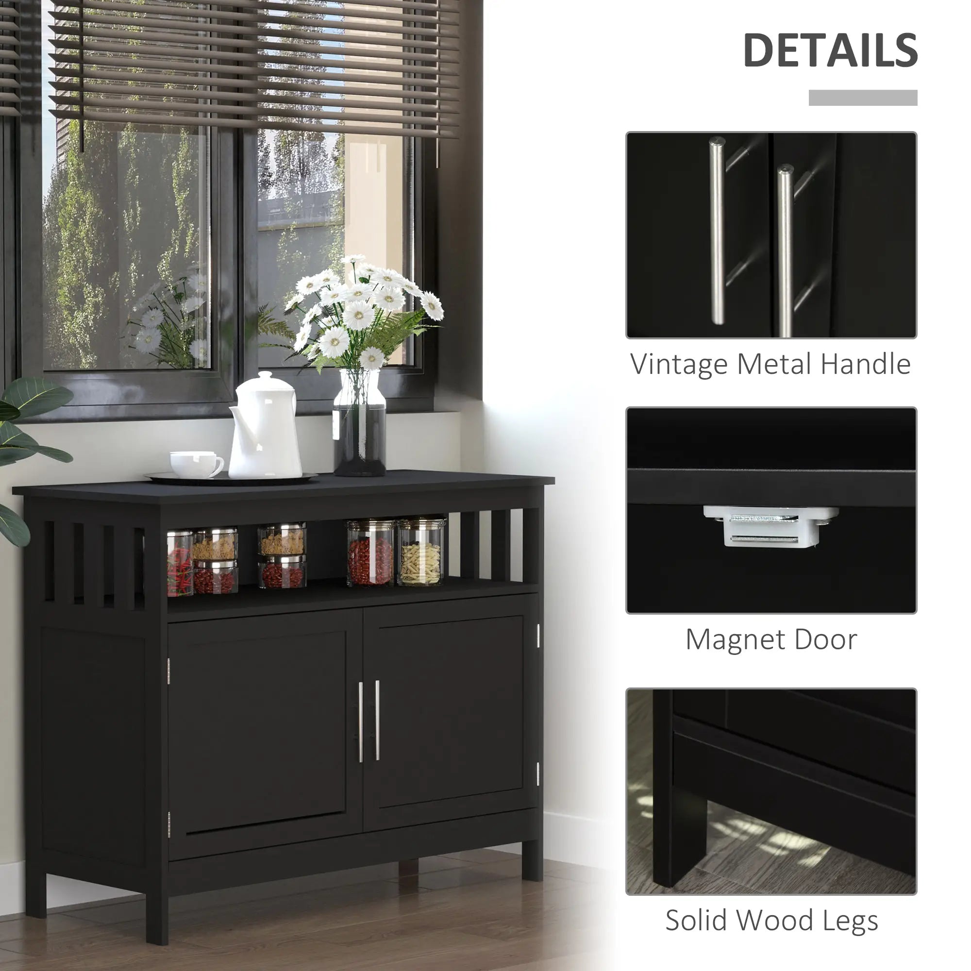 Kitchen Sideboard, Wooden Storage Cabinet, 2-Level Shelf, Black Bar Cabinets at Gallery Canada