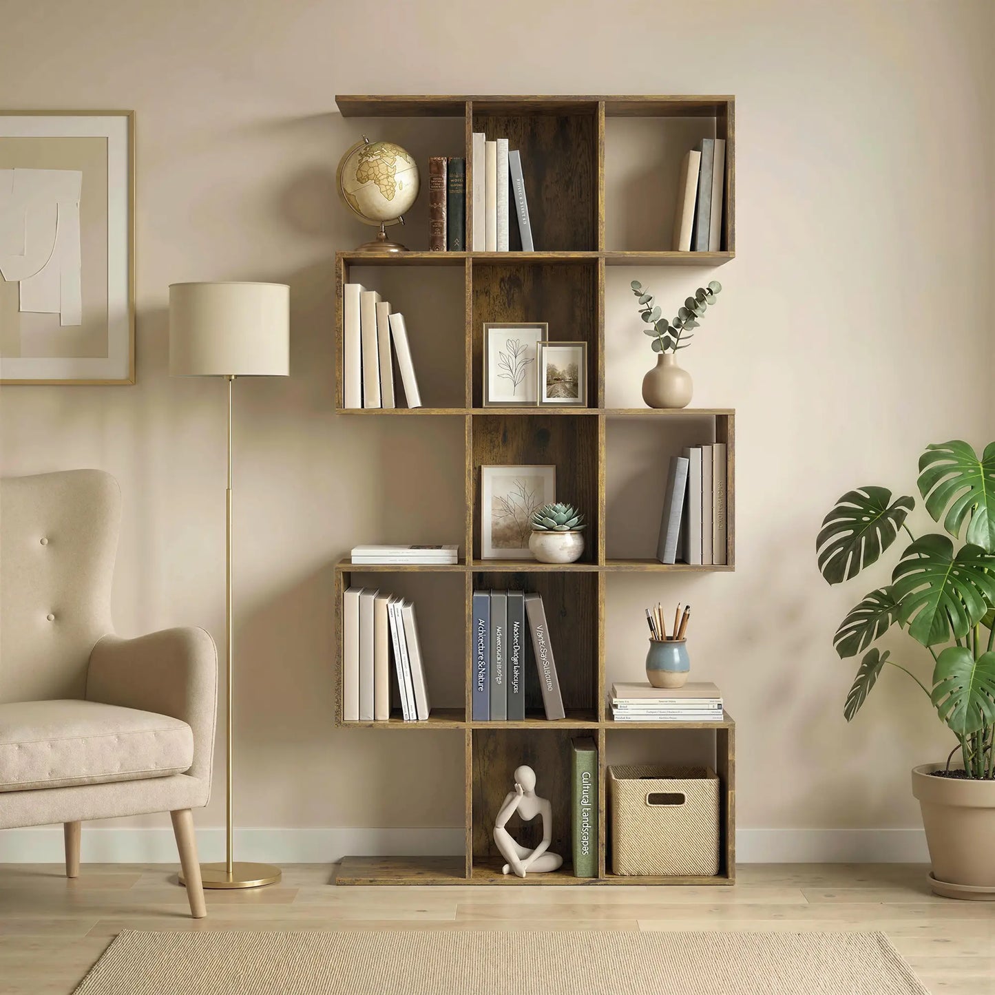 5-Tier S-Shaped Bookshelf, 15 Compartments, Rustic Brown, Rustic Brown Display Bookshelves at Gallery Canada