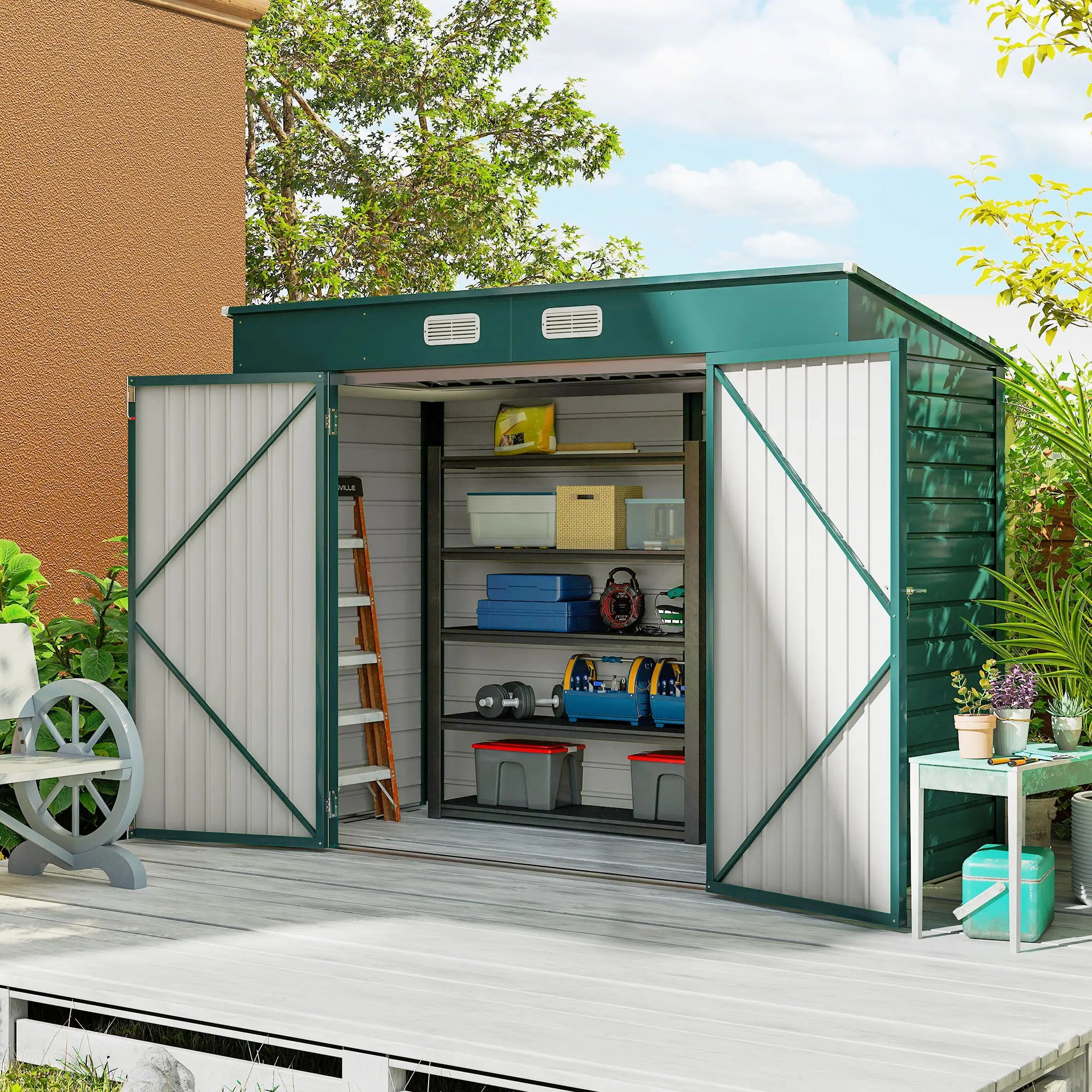 8 x 4FT Galvanized Metal Garden Shed, Double Doors, 2 Vents, Green Sheds at Gallery Canada