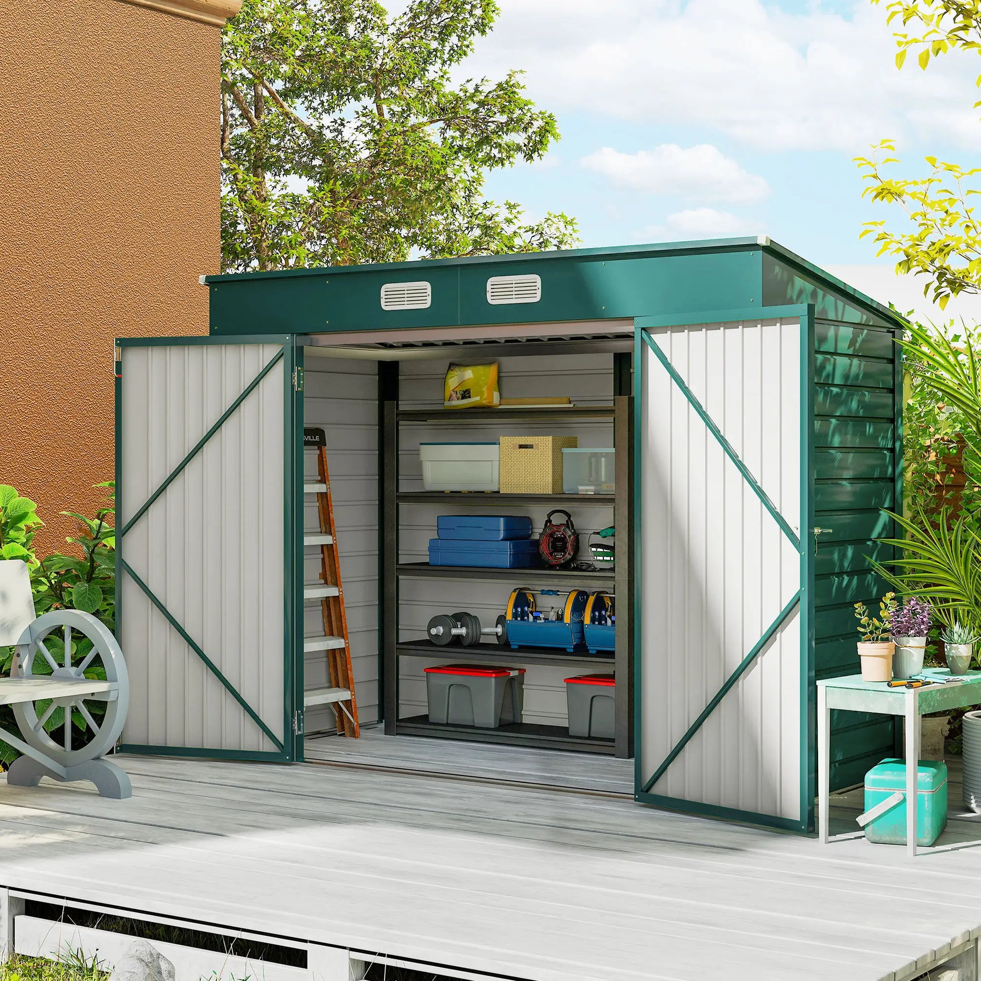 8 x 4FT Galvanized Metal Garden Shed, Double Doors, 2 Vents, Green Sheds at Gallery Canada