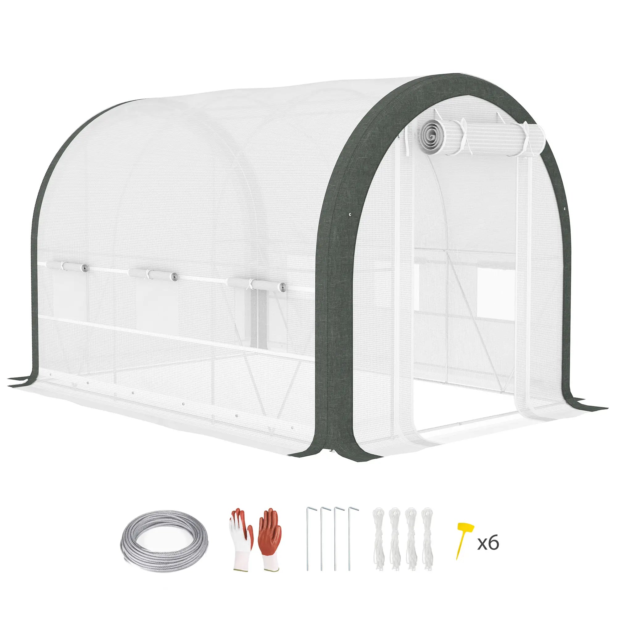 10'x6.6'x6.6' Tunnel Greenhouse, Mesh Door, Windows, Plant Labels, Gloves, White Tunnel Greenhouses at Gallery Canada
