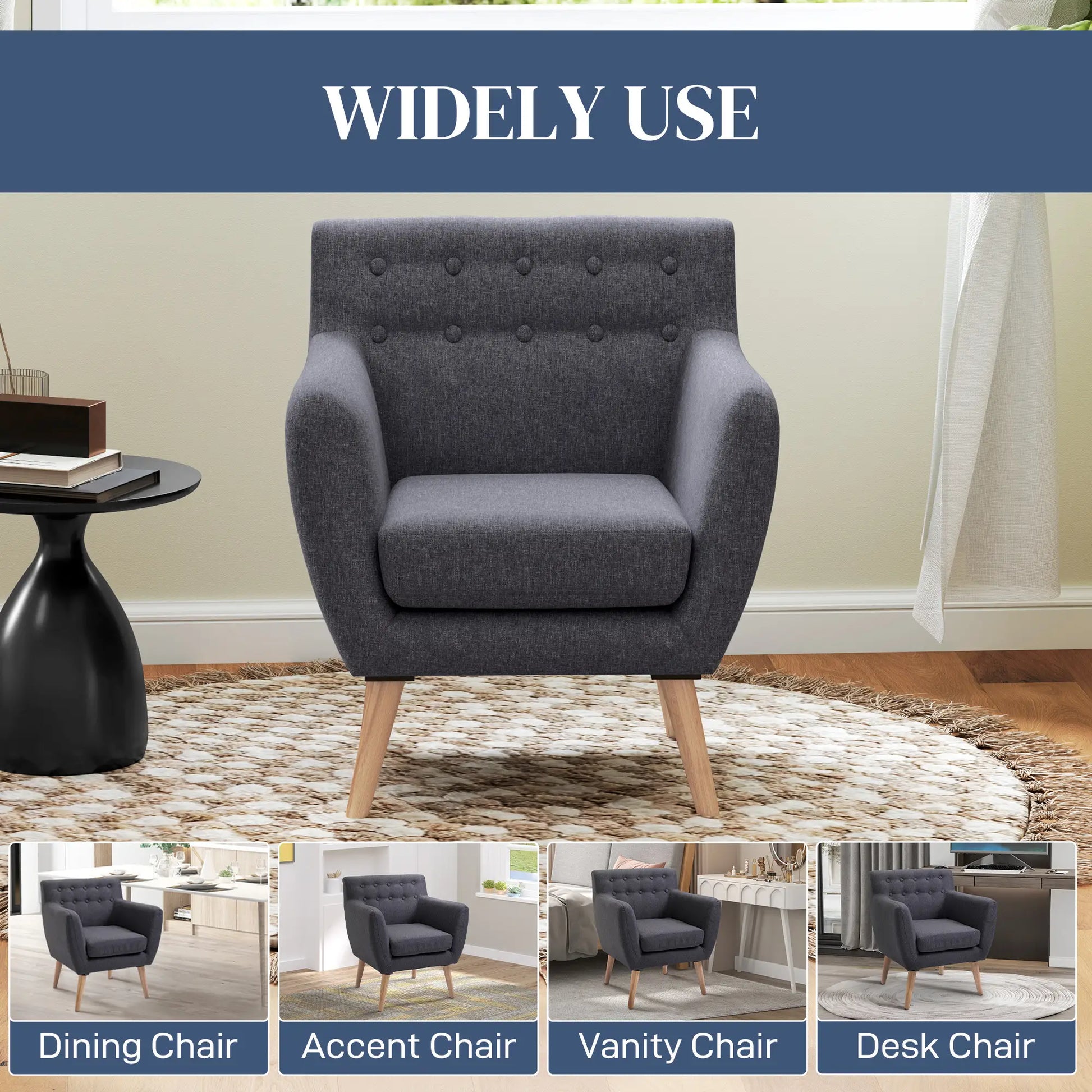 Mid-Century Modern Linen Armchair, Wood Frame, Thick Padding, Dark Grey Accent Chairs at Gallery Canada