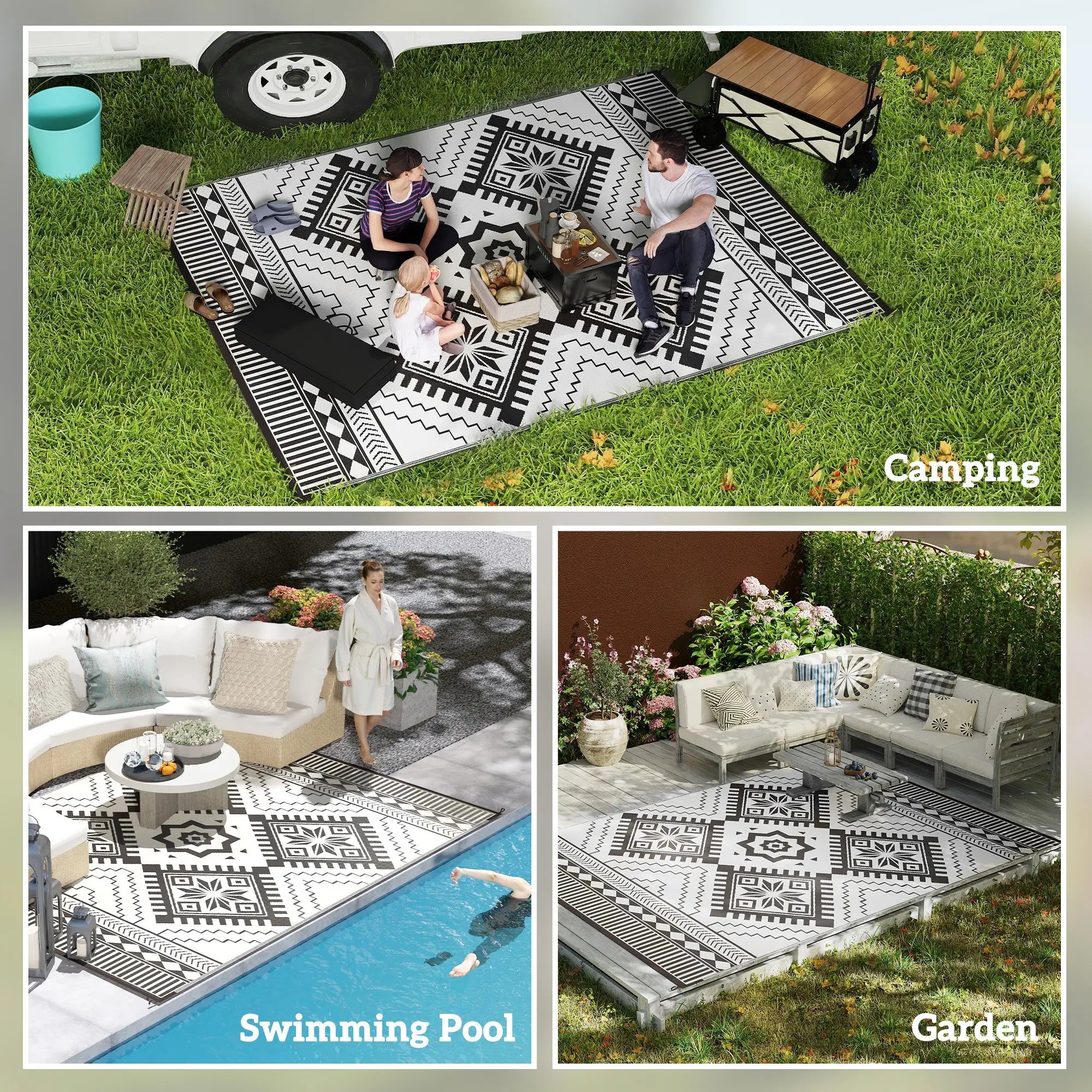9' x 12' Outdoor RV Rug, Reversible Patio Mat, White and Black Garden Decor at Gallery Canada