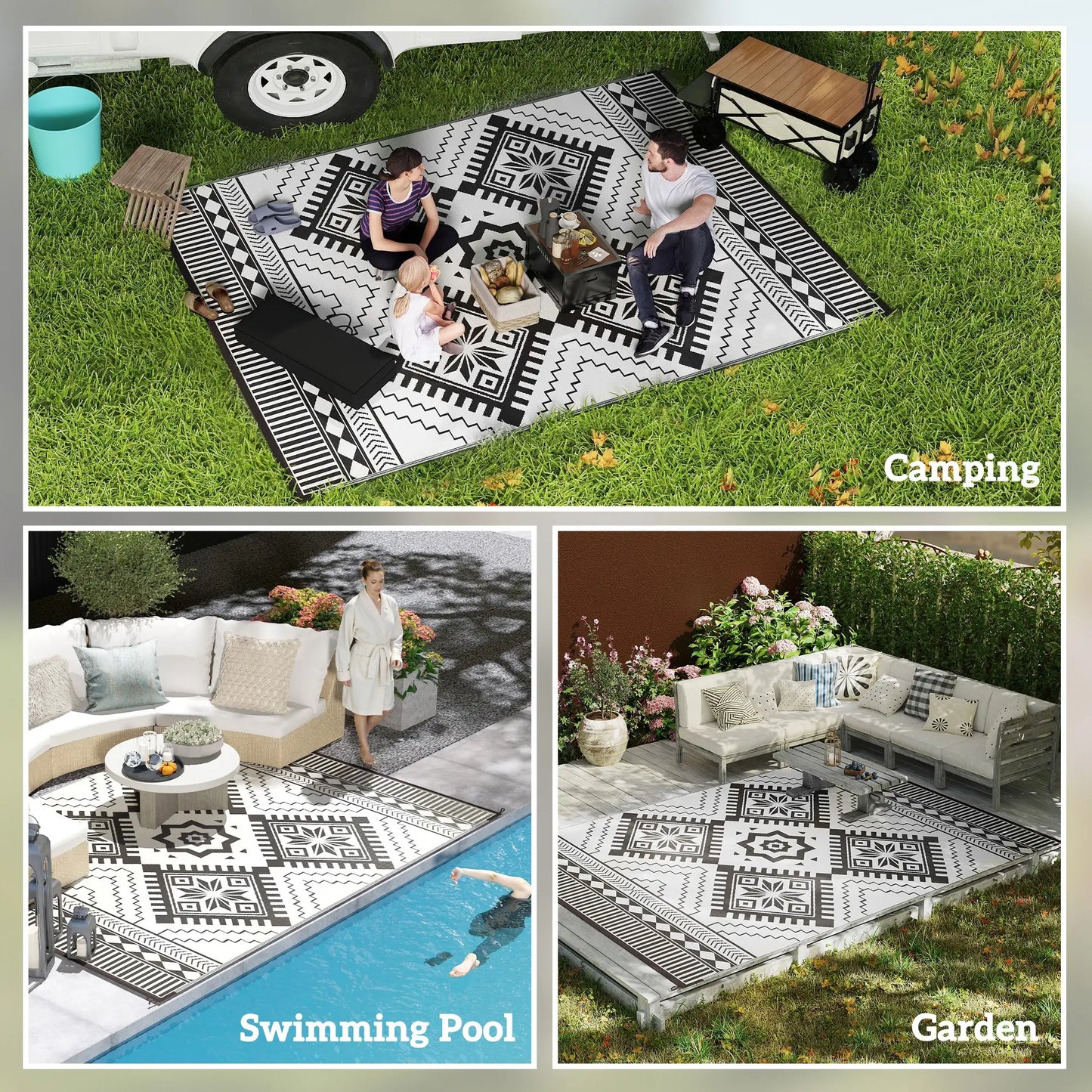 9' x 12' Outdoor RV Rug, Reversible Patio Mat, White and Black Garden Decor at Gallery Canada