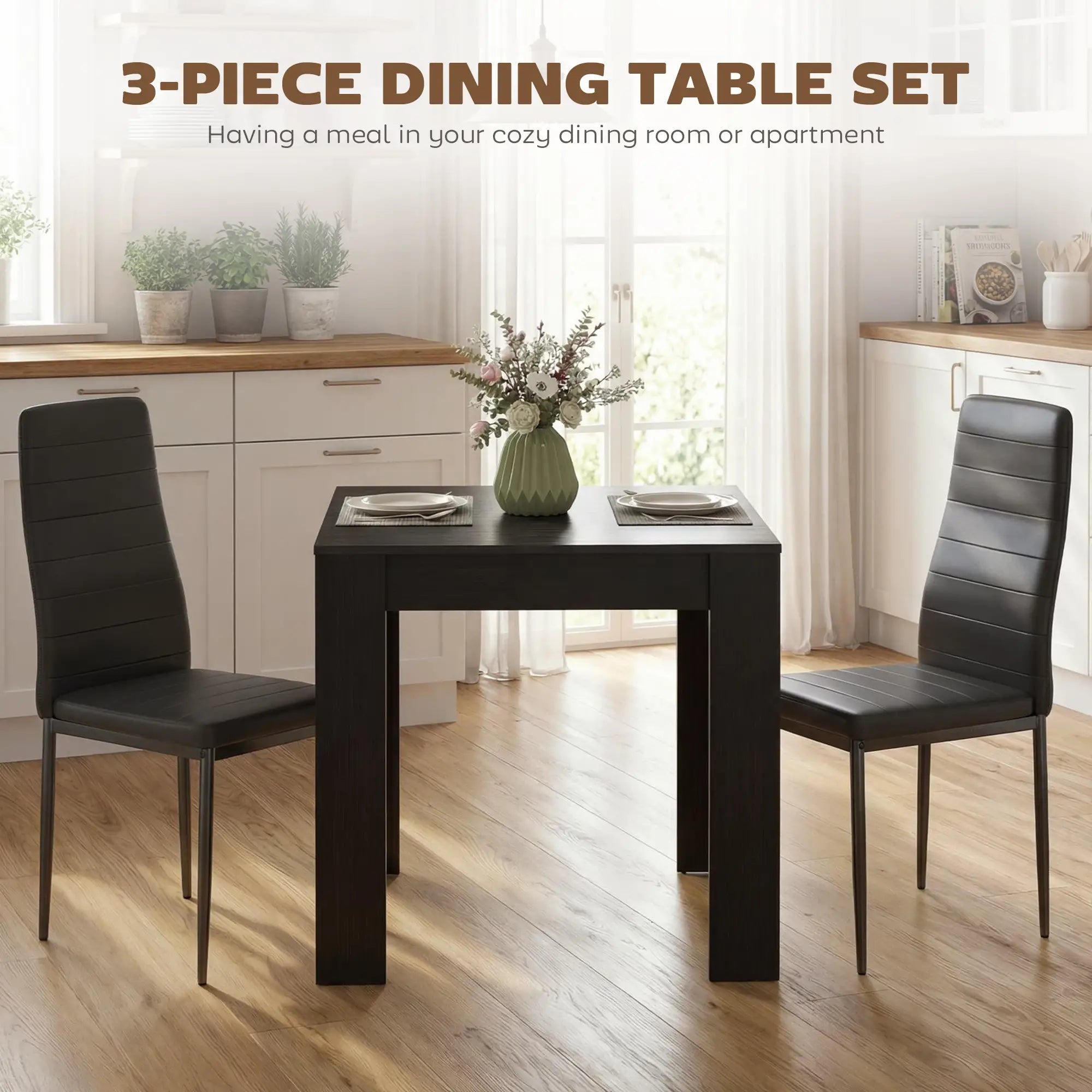 Square Dining Table Set For 2, PU Leather Upholstered Chairs, Black Dining Table Sets at Gallery Canada