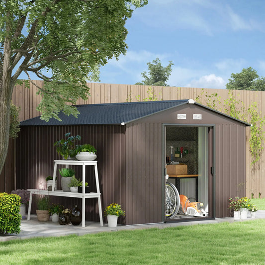 9' x 10.6' Garden Storage Shed, Foundation Kit, Metal Tool House, Double Doors, Brown Sheds Brown at Gallery Canada