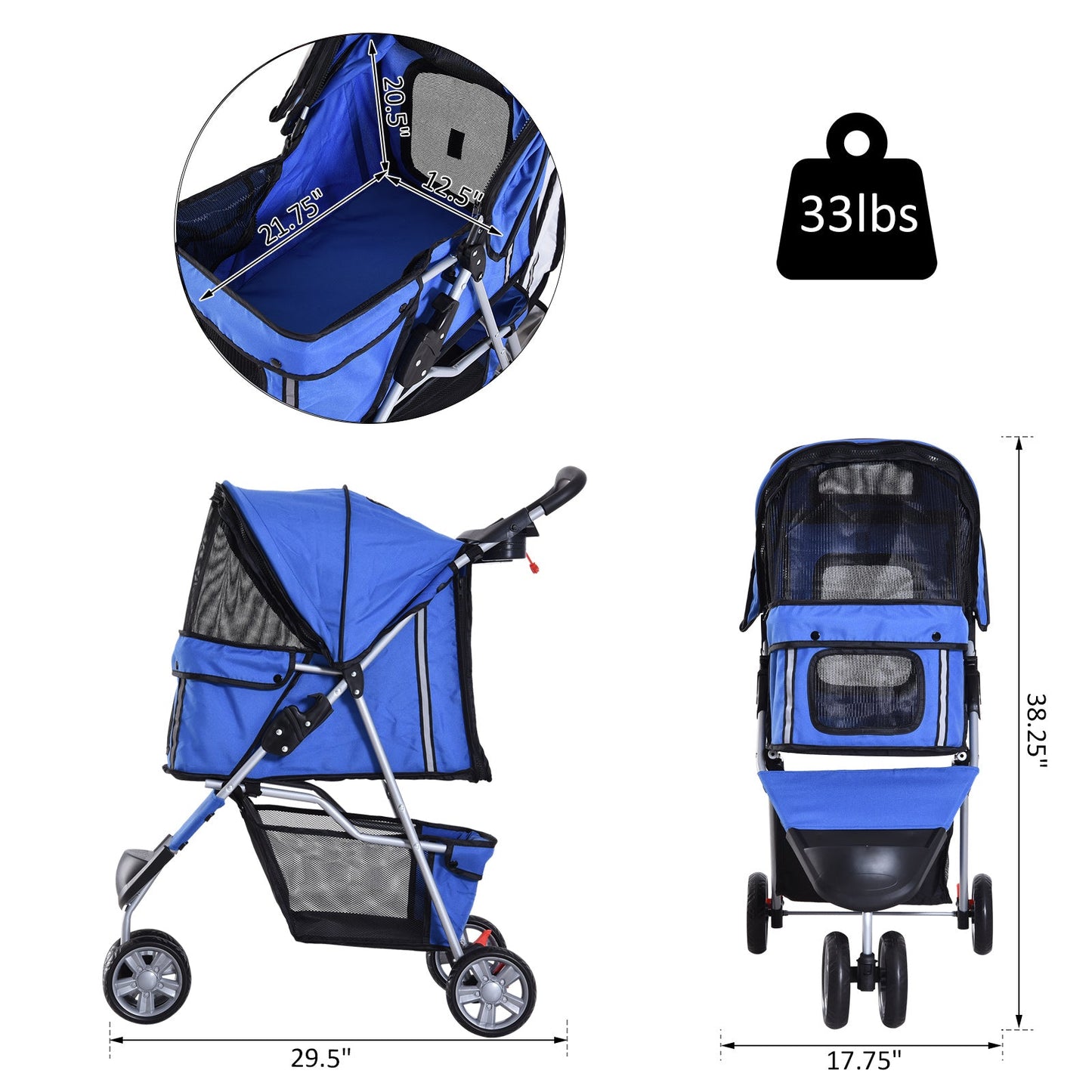 Deluxe 3 Wheels Pet Stroller Foldable Dog Cat Carrier Strolling Jogger with Brake, Canopy, Cup Holders and Bottom Storage Space (Blue) at Gallery Canada