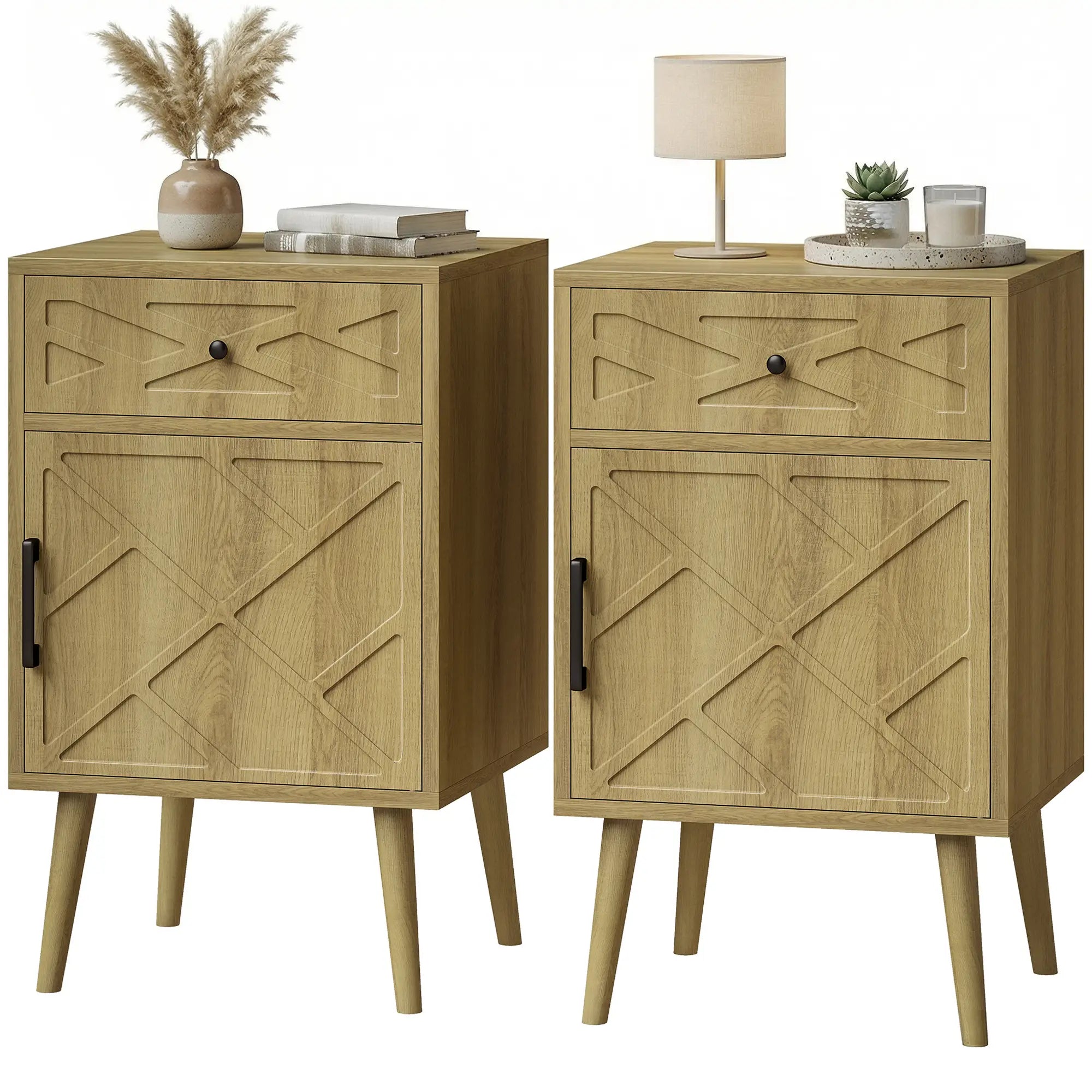 Nightstand Set Of 2, Oak, With Drawer And Cabinet Storage Side Tables Oak at Gallery Canada